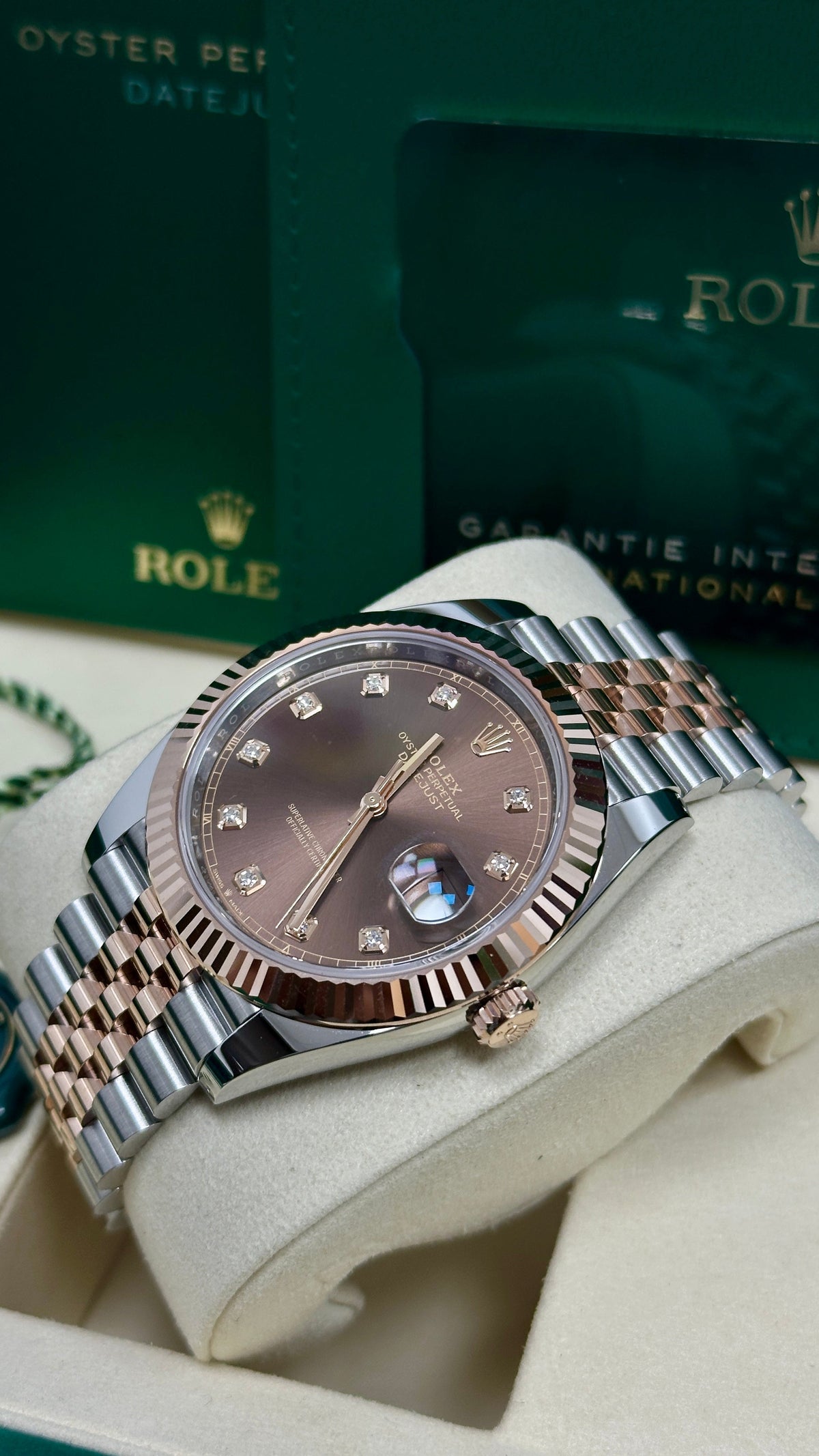 Rolex Datejust 41mm Two-Tone Everose Gold Chocolate Diamond Dial Fluted Bezel