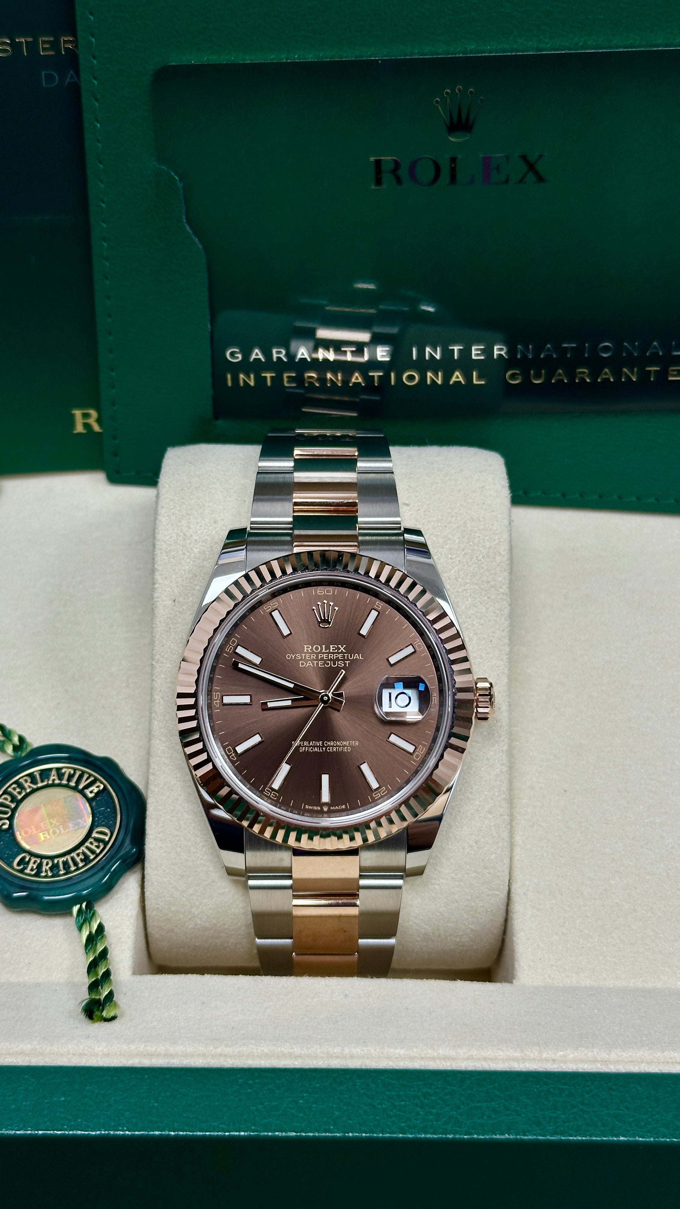 Rolex Datejust 41mm Two-Tone Everose Gold Chocolate Index Dial Fluted Bezel