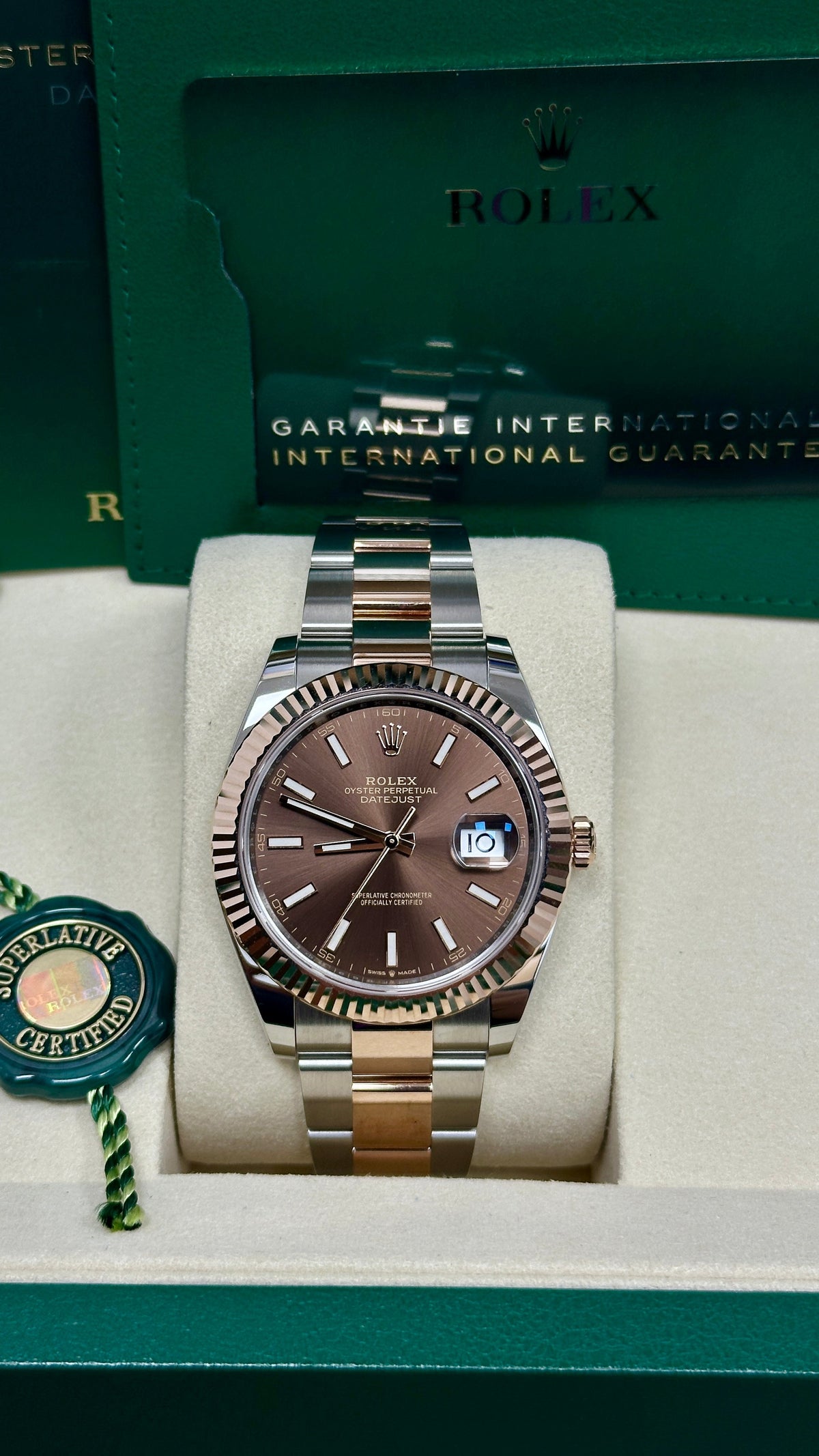 Rolex Datejust 41mm Two-Tone Everose Gold Chocolate Index Dial Fluted Bezel