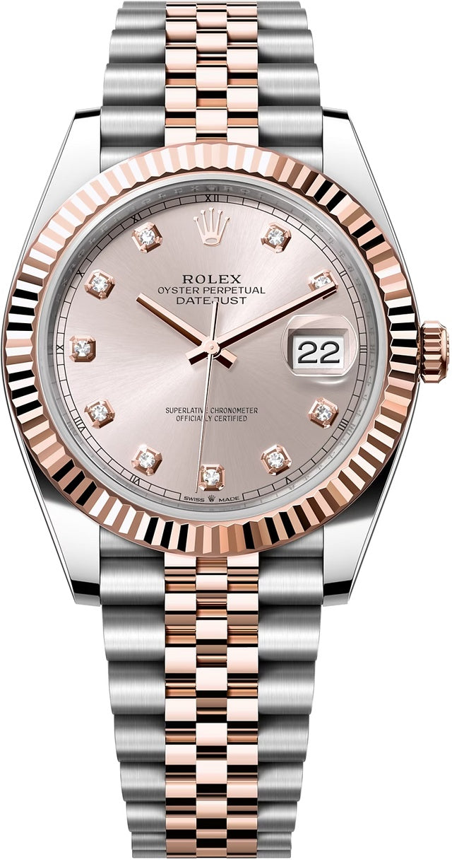 Rolex Datejust 41mm Two-Tone Everose Gold Sundust Diamond Dial Fluted Bezel