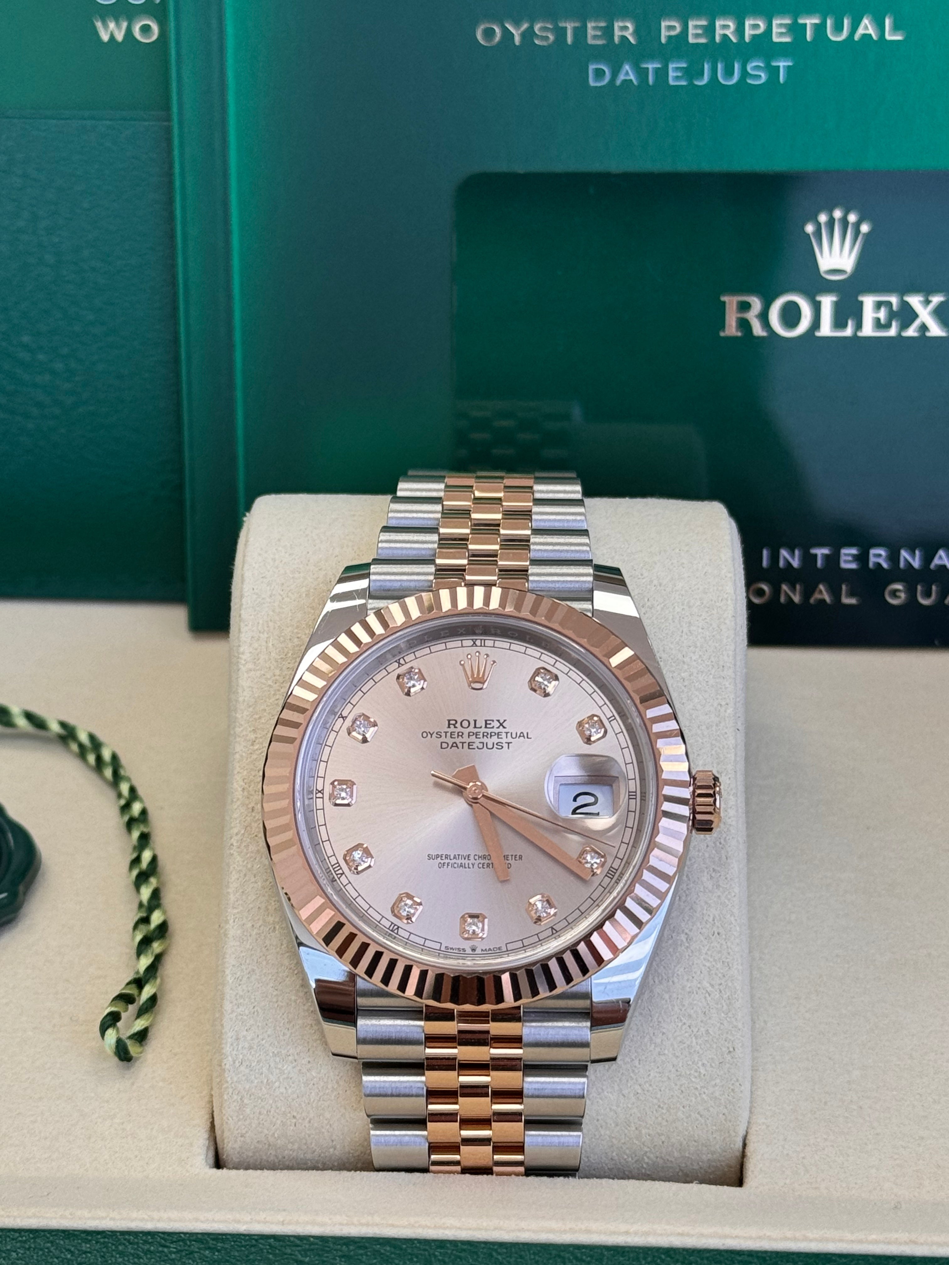 Rolex Datejust 41mm Two-Tone Everose Gold Sundust Diamond Dial Fluted Bezel