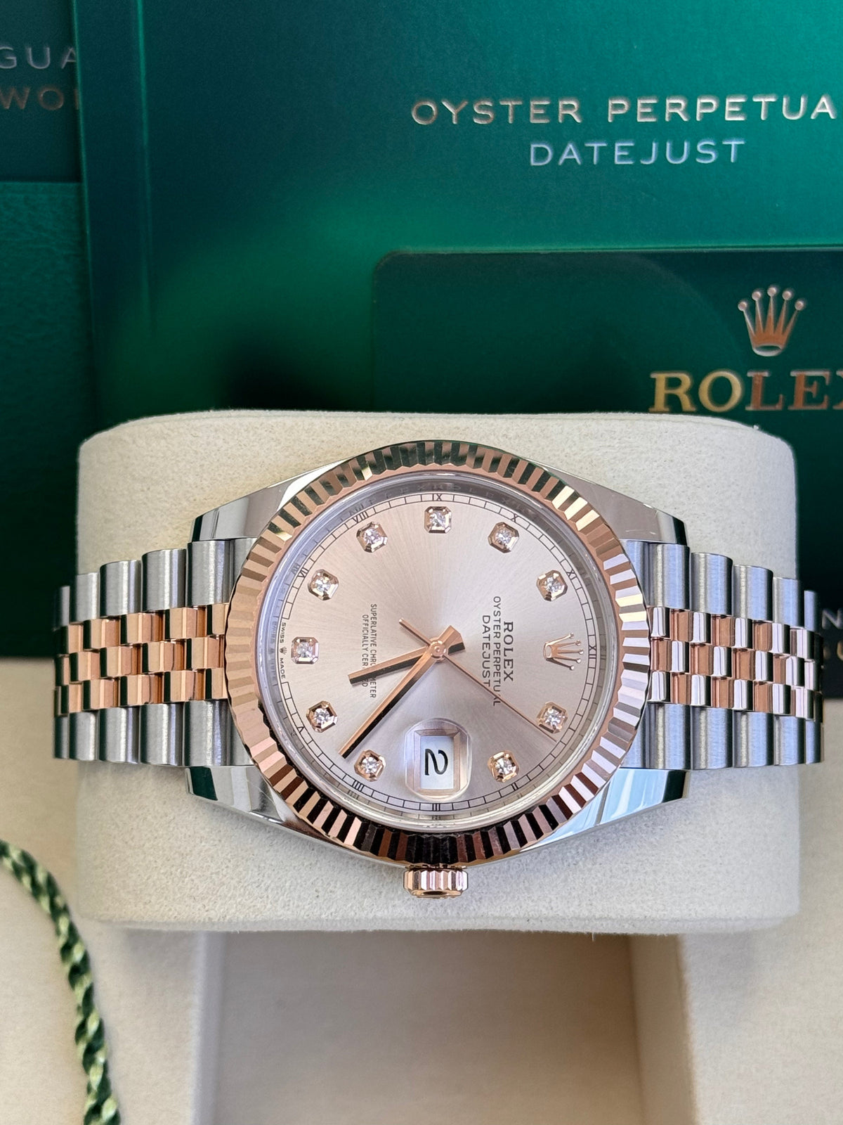 Rolex Datejust 41mm Two-Tone Everose Gold Sundust Diamond Dial Fluted Bezel