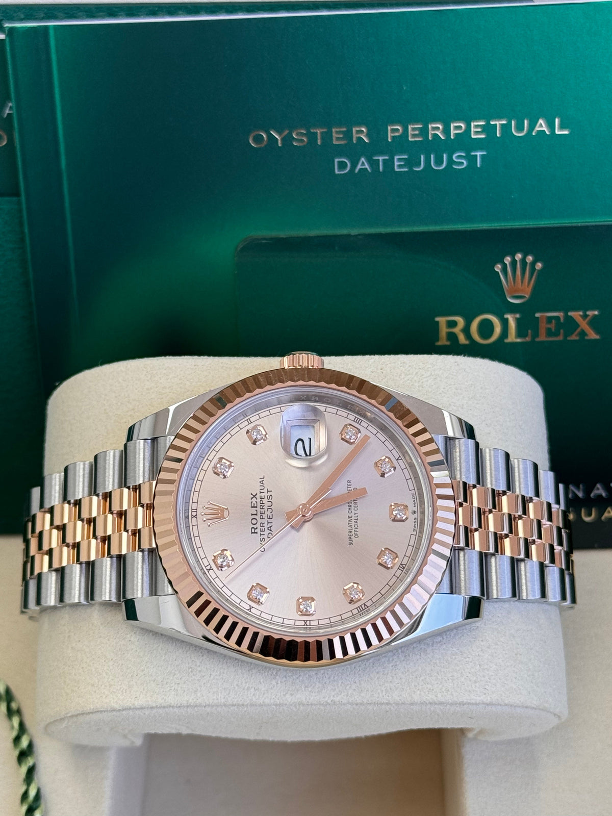 Rolex Datejust 41mm Two-Tone Everose Gold Sundust Diamond Dial Fluted Bezel