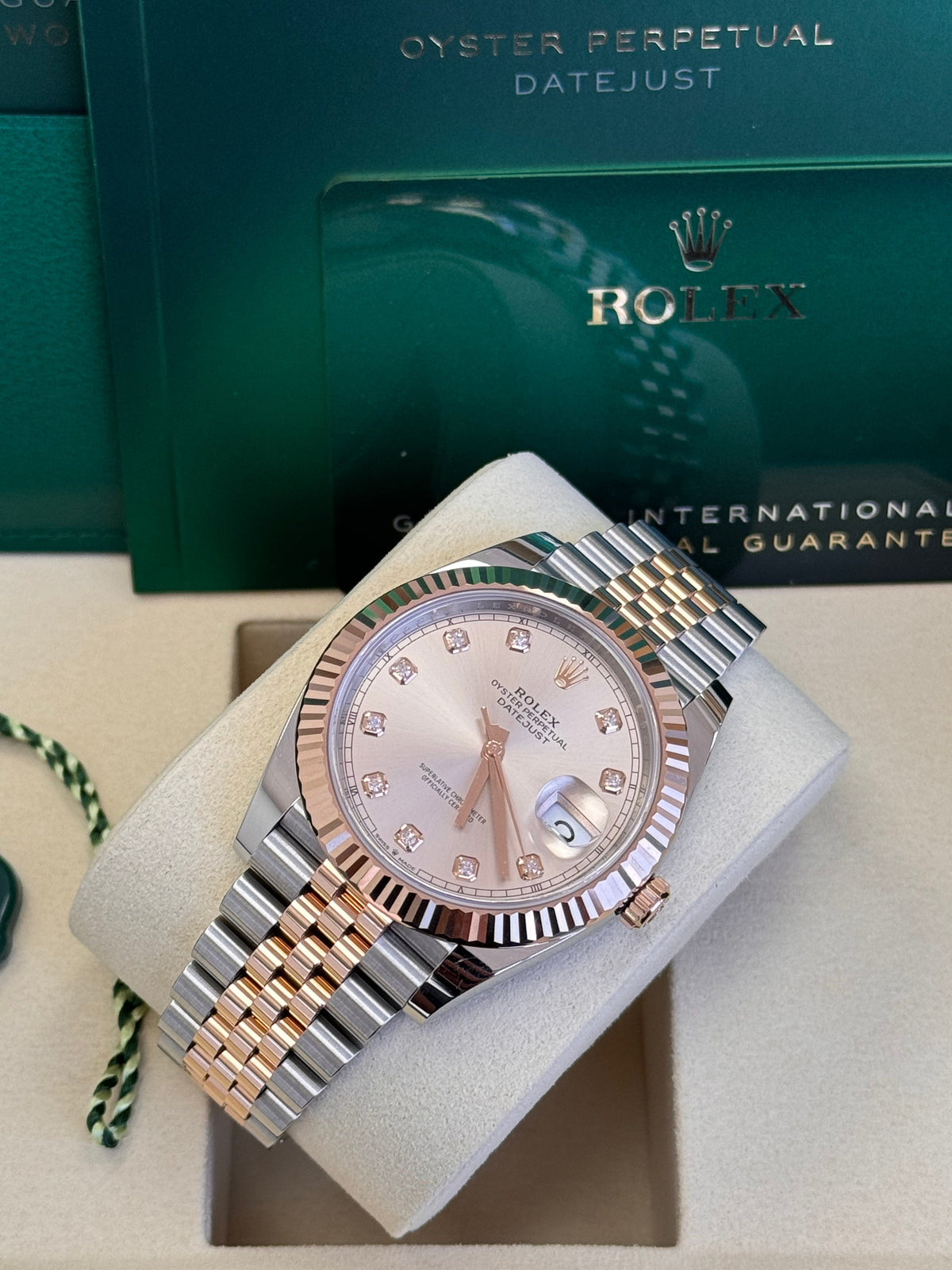 Rolex Datejust 41mm Two-Tone Everose Gold Sundust Diamond Dial Fluted Bezel