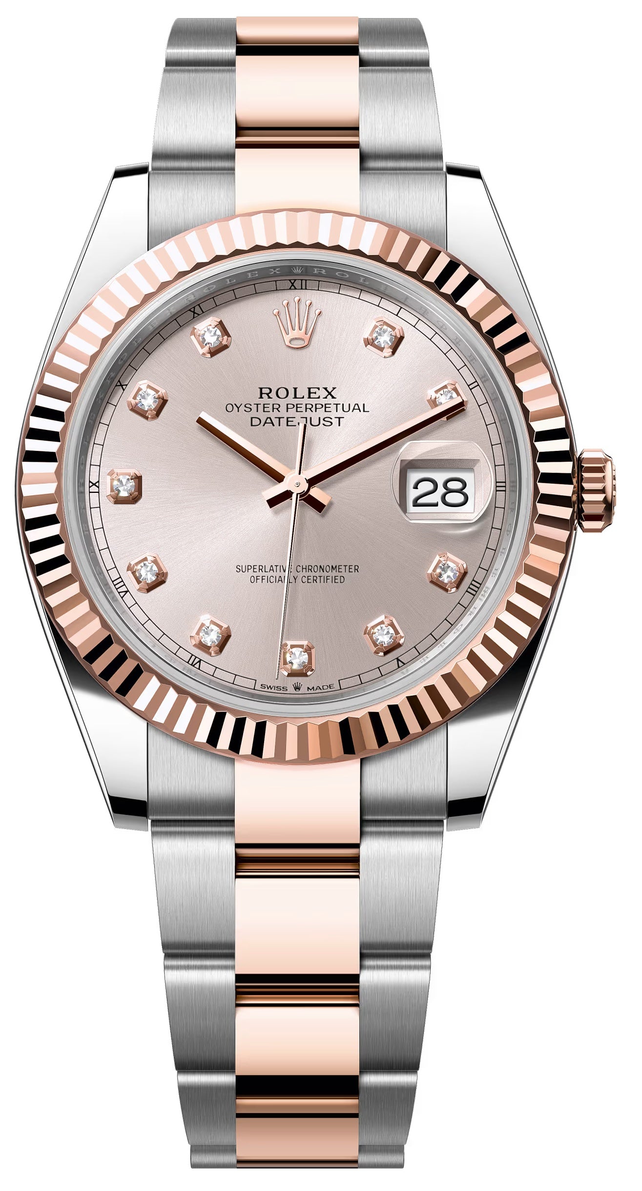 Rolex Datejust 41mm Two-Tone Everose Gold Sundust Diamond Dial Fluted Bezel