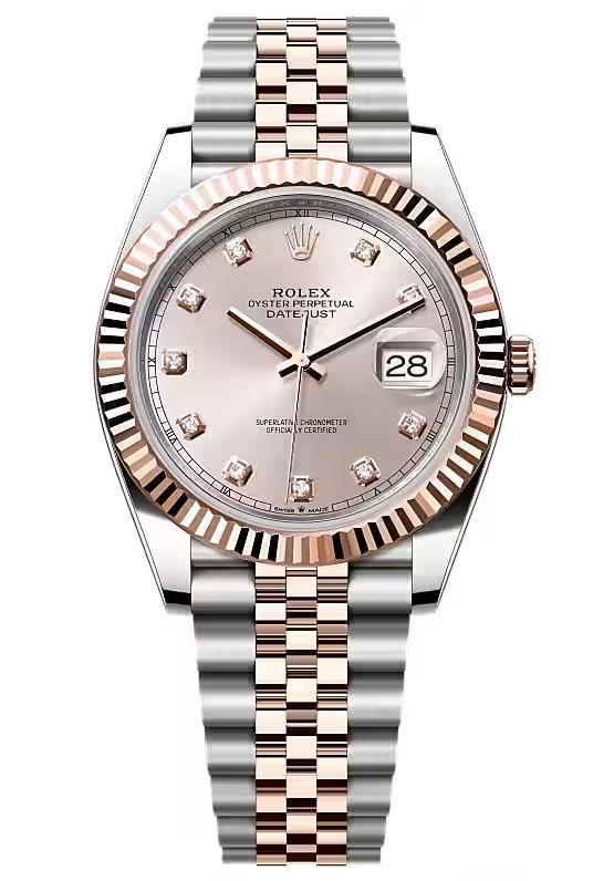Rolex Datejust 41mm Two-Tone Everose Gold Sundust Diamond Dial Fluted Bezel
