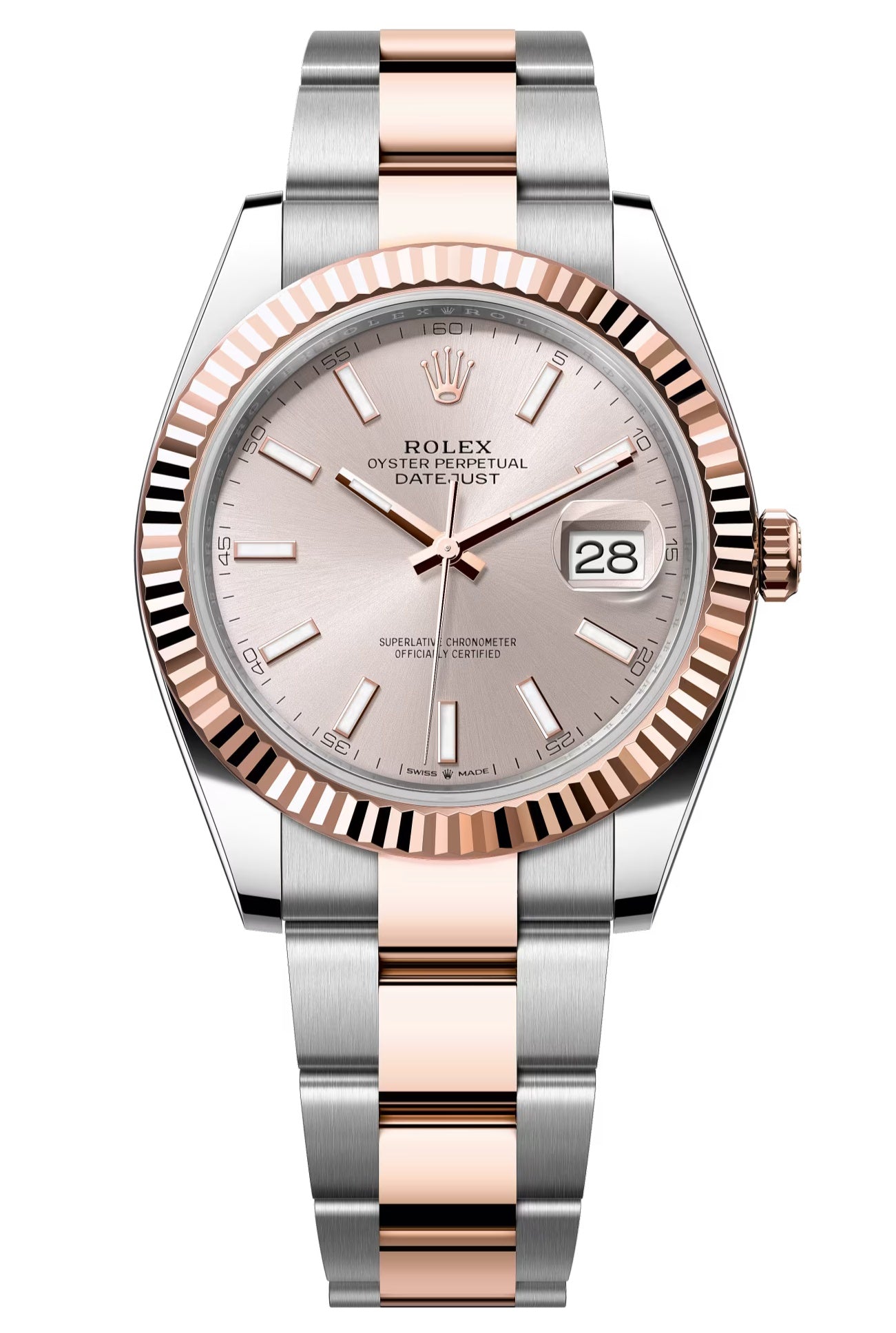 Rolex Datejust 41mm Two-Tone Everose Gold Sundust Index Dial Fluted Be