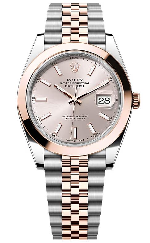 Rolex Datejust 41mm Two-Tone Everose Gold Sundust Index Dial Smooth Bezel