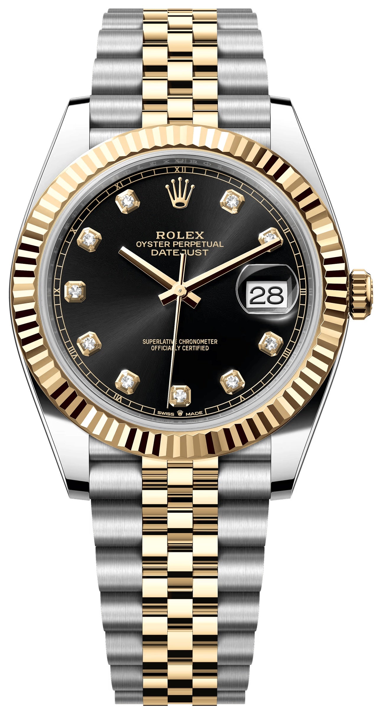 Rolex Datejust 41mm Two-Tone Yellow Gold Black Diamond Dial Fluted Bezel