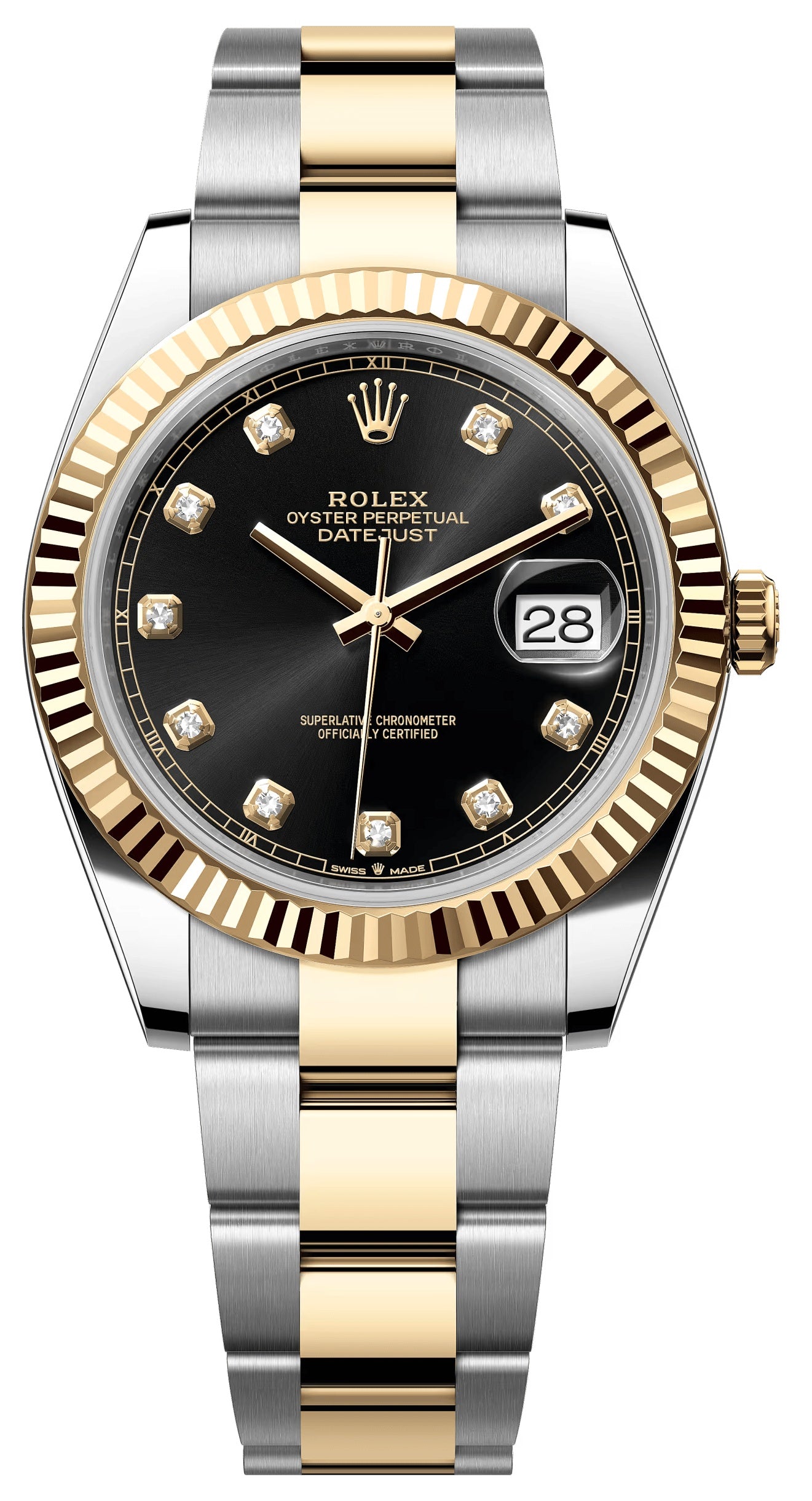 Rolex Datejust 41mm Two-Tone Yellow Gold Black Diamond Dial Fluted Bezel Oyster