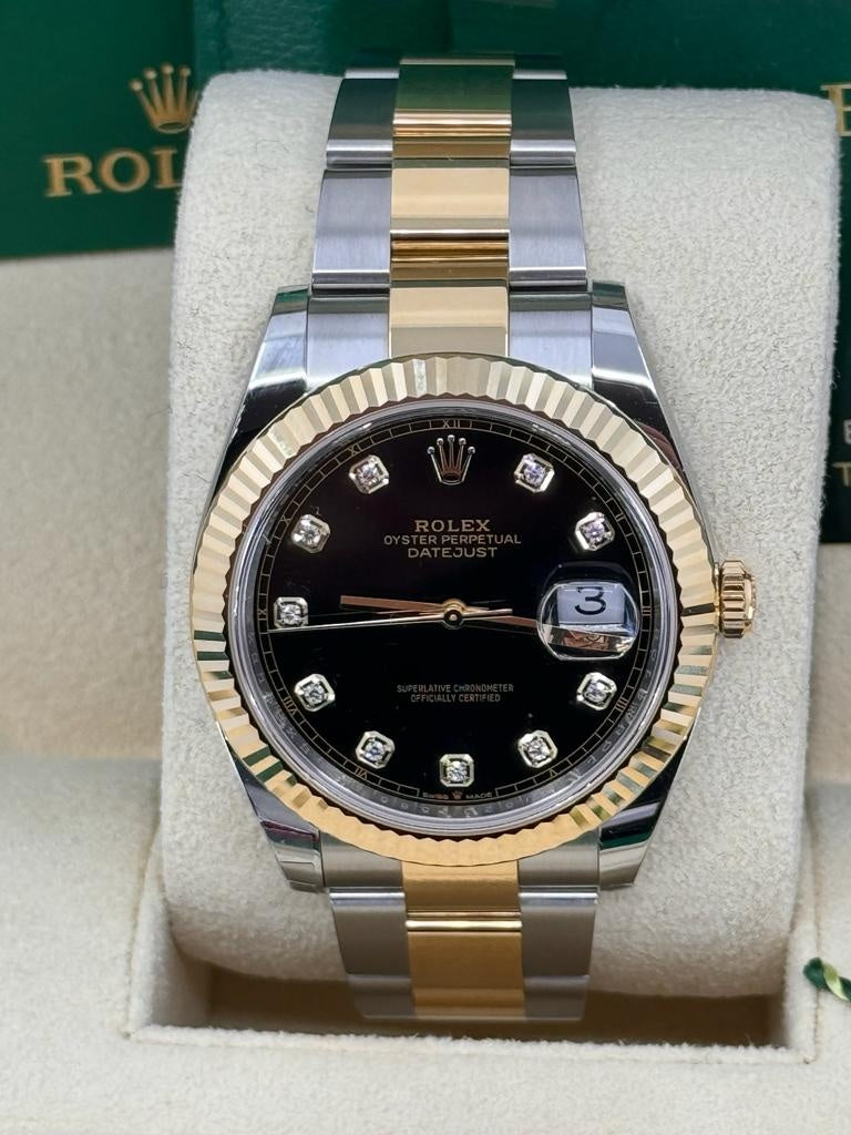 Rolex Datejust 41mm Two-Tone Yellow Gold Black Diamond Dial Fluted Bezel Oyster