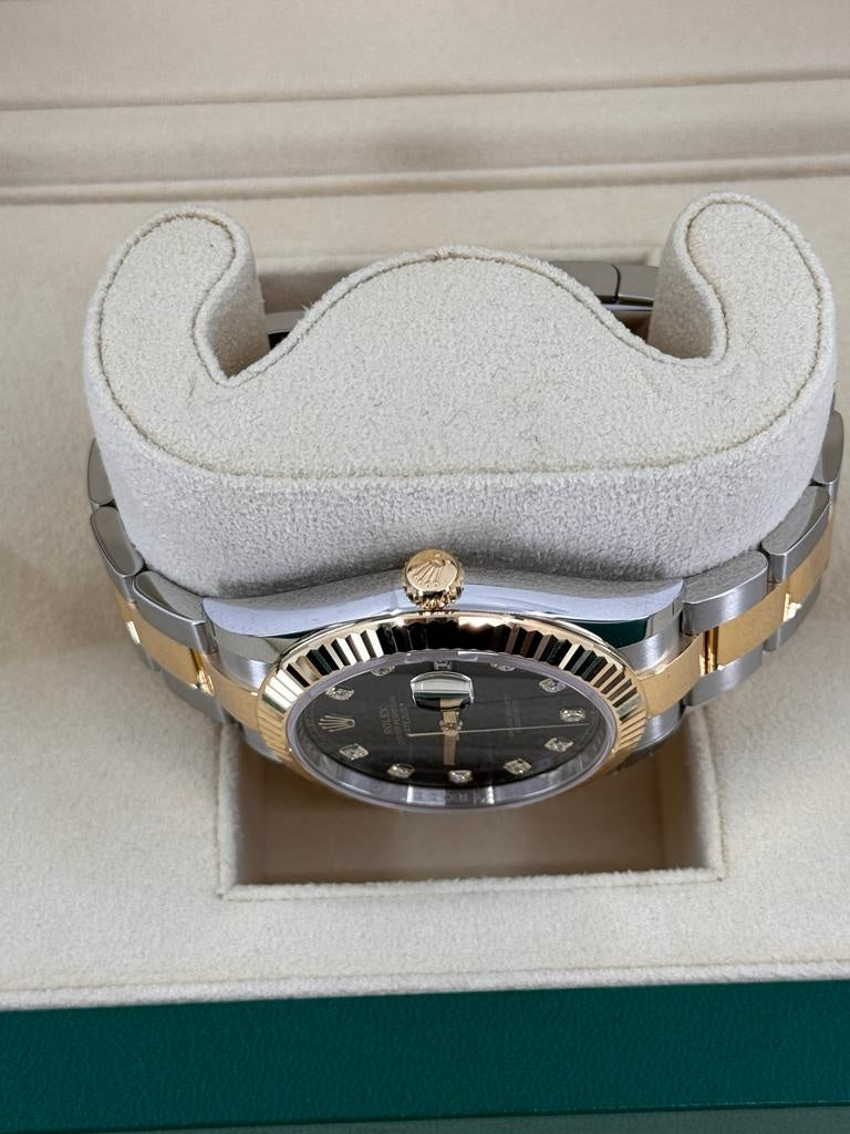 Rolex Datejust 41mm Two-Tone Yellow Gold Black Diamond Dial Fluted Bezel Oyster