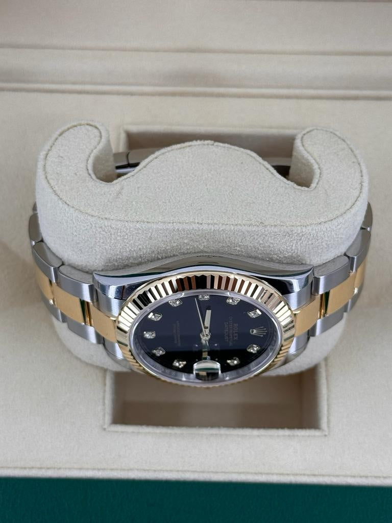 Rolex Datejust 41mm Two-Tone Yellow Gold Black Diamond Dial Fluted Bezel Oyster