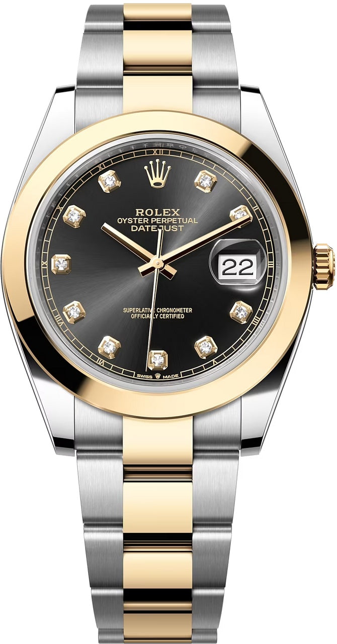Rolex Datejust 41mm Two-Tone Yellow Gold Black Diamond Dial Smooth Bezel Oyster