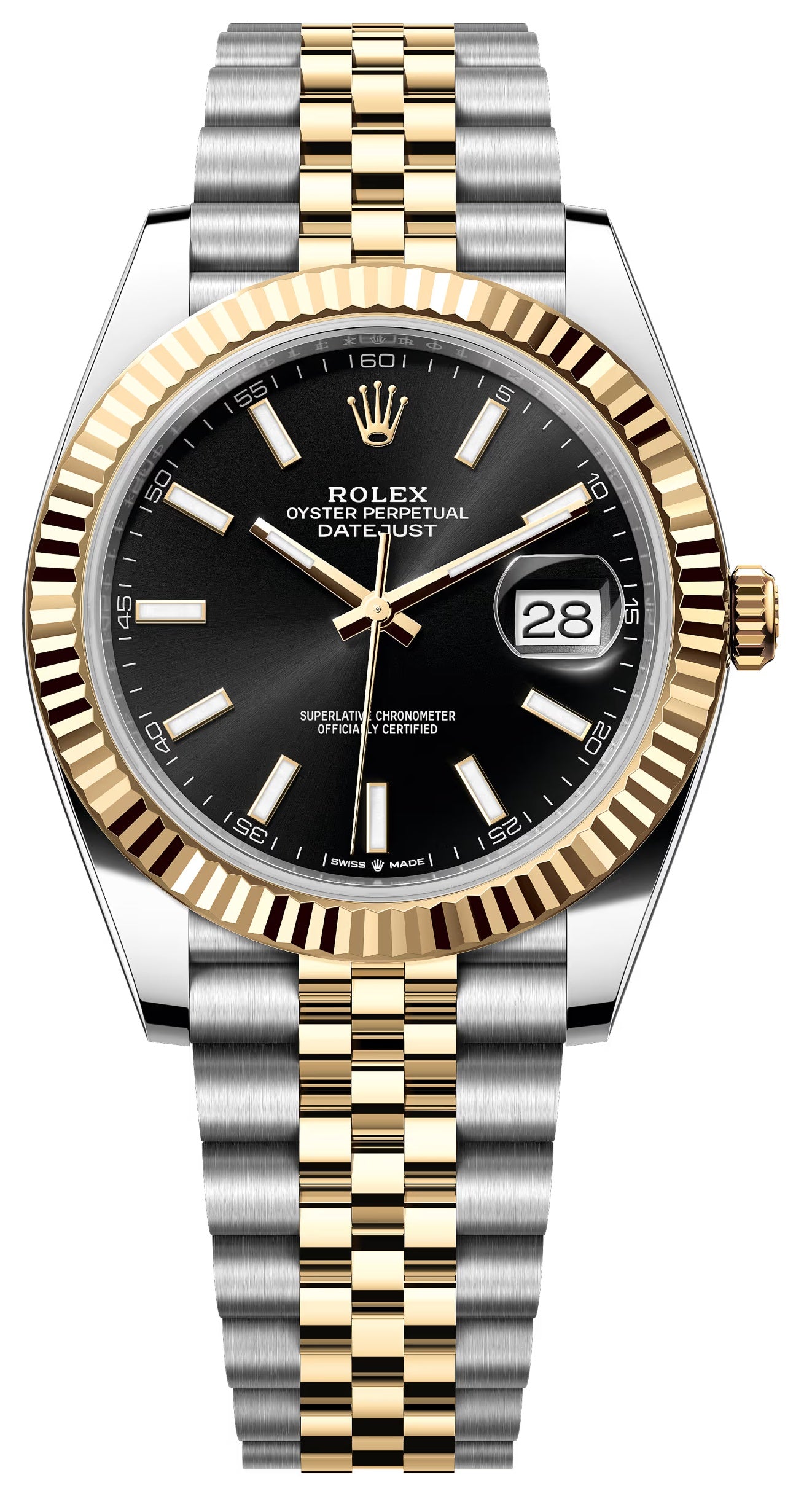Rolex Datejust 41mm Two-Tone Yellow Gold Black Index Dial Fluted Bezel Jubilee