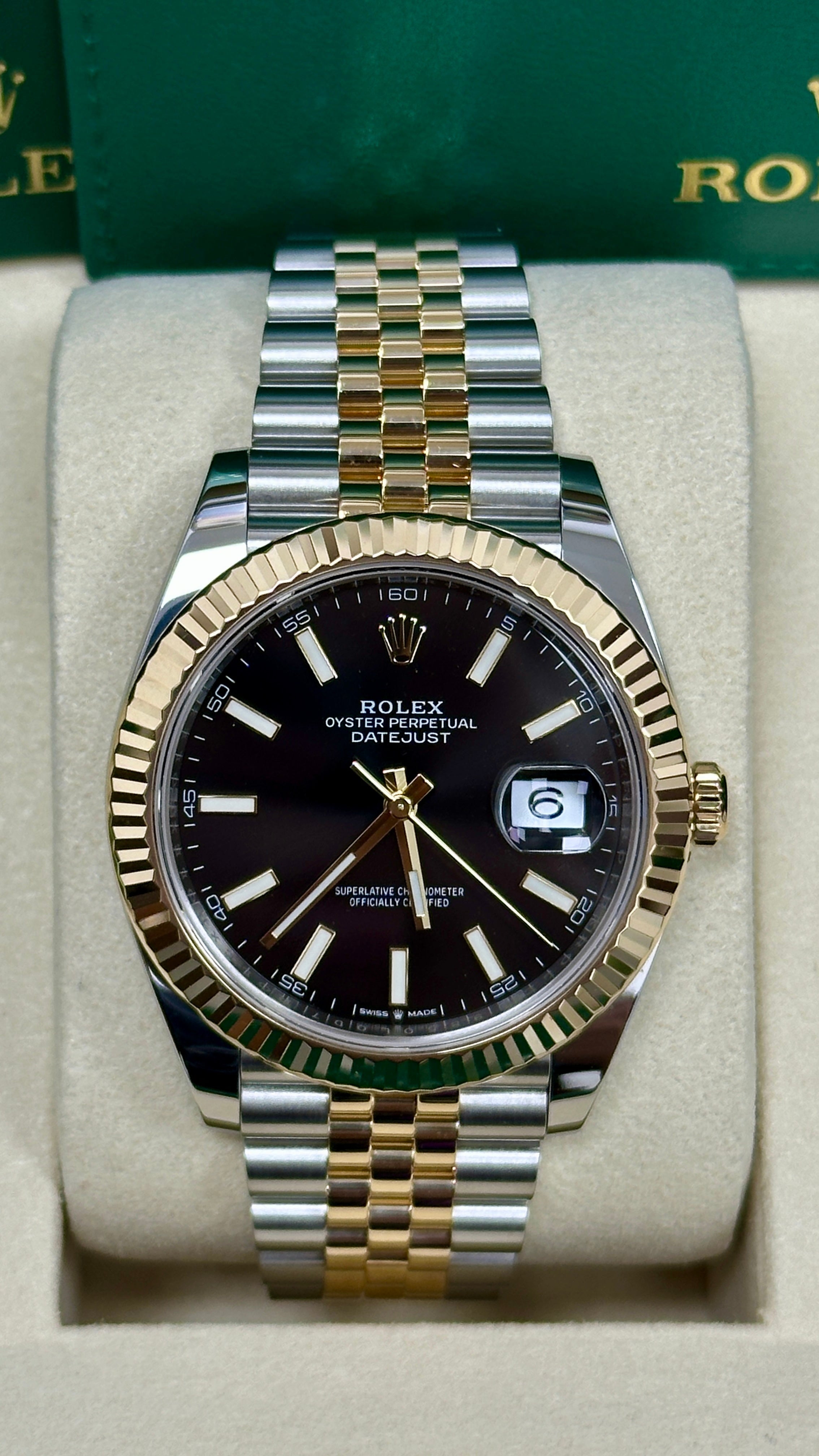 Rolex Datejust 41mm Two-Tone Yellow Gold Black Index Dial Fluted Bezel Jubilee