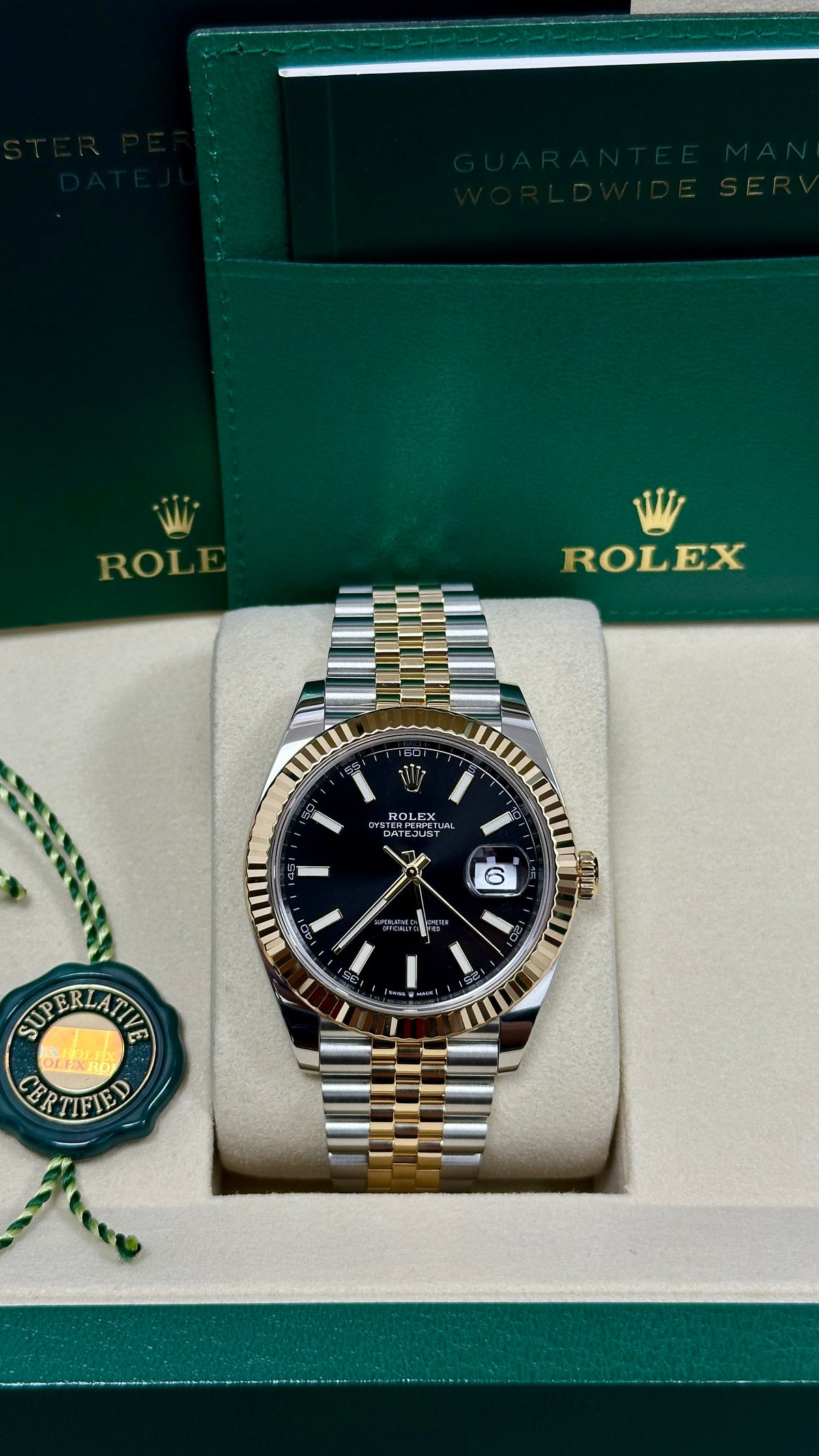 Rolex Datejust 41mm Two-Tone Yellow Gold Black Index Dial Fluted Bezel Jubilee
