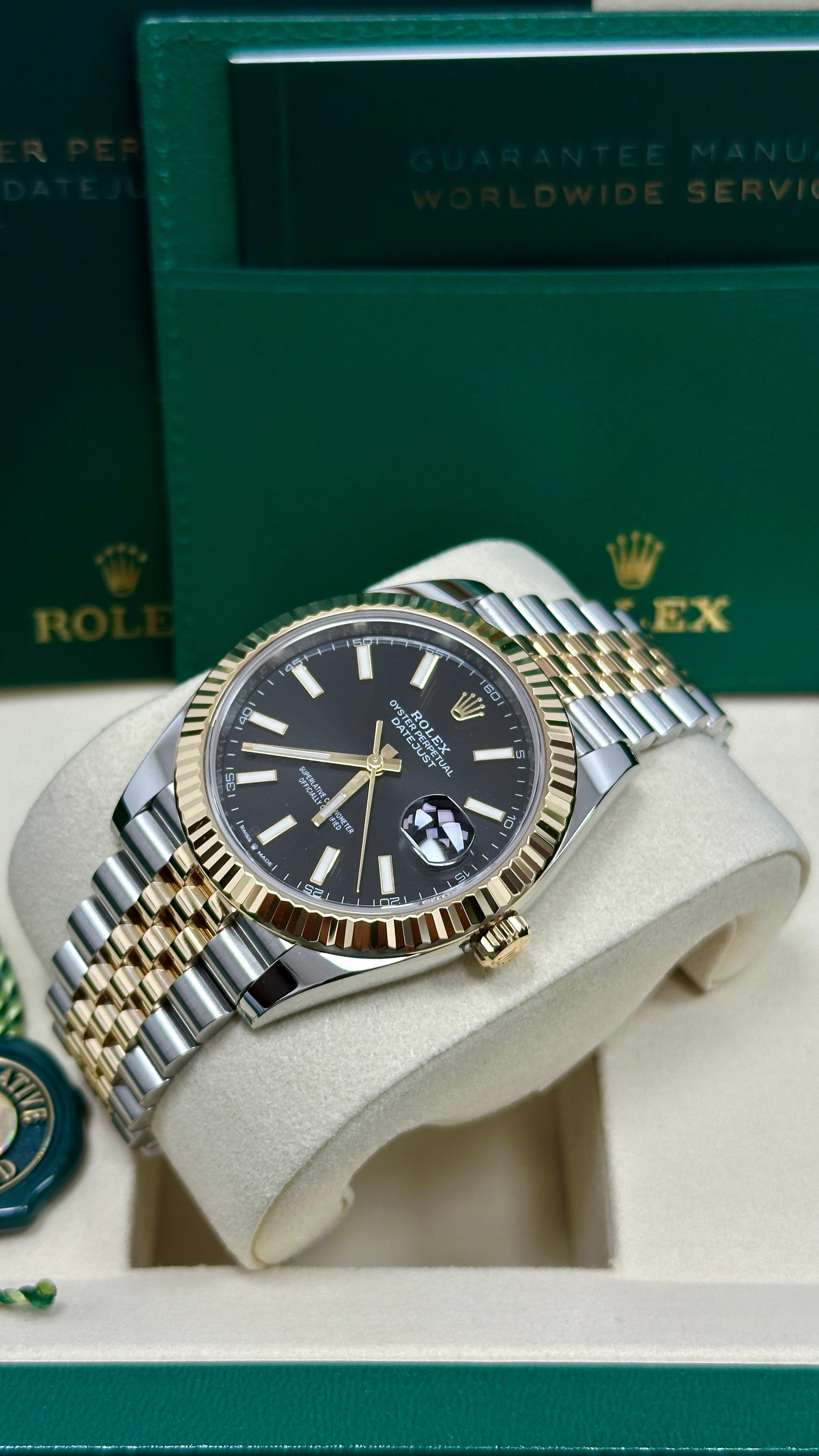 Rolex Datejust 41mm Two-Tone Yellow Gold Black Index Dial Fluted Bezel Jubilee