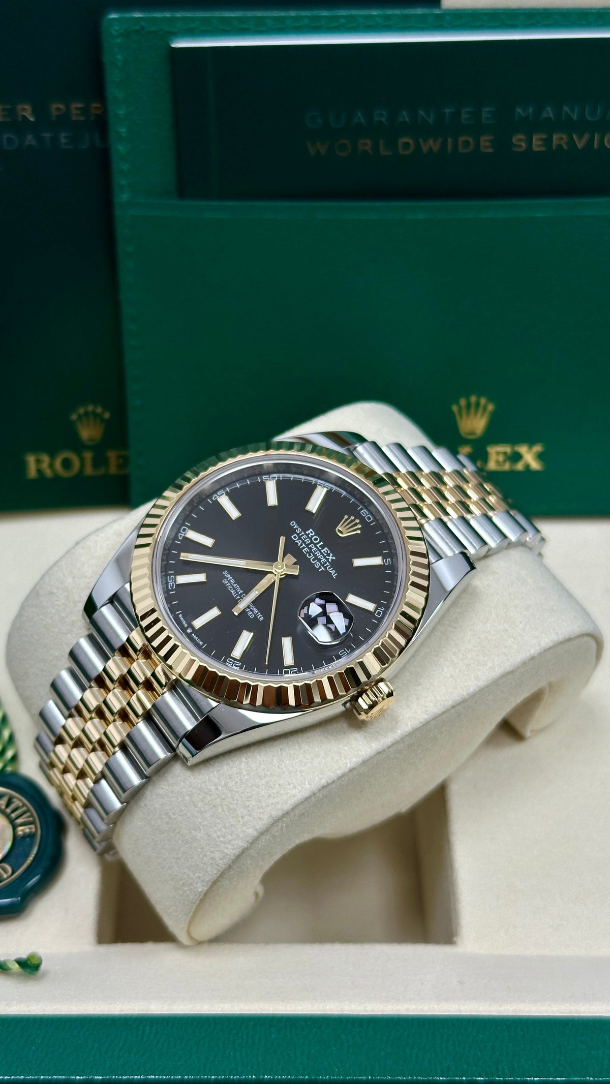 Rolex Datejust 41mm Two-Tone Yellow Gold Black Index Dial Fluted Bezel Jubilee