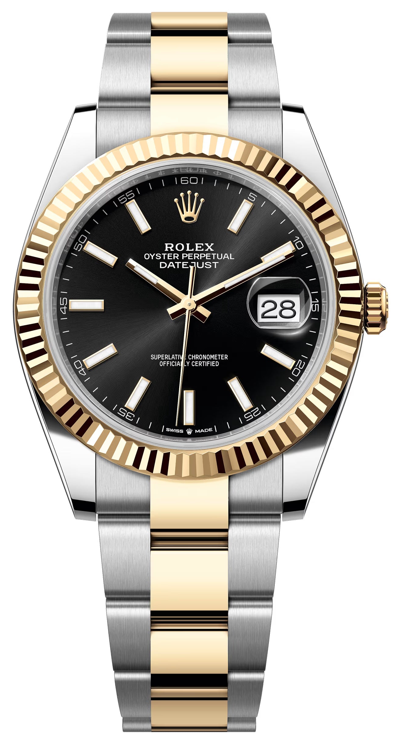 Rolex Datejust 41mm Two-Tone Yellow Gold Black Index Dial Fluted Bezel Oyster