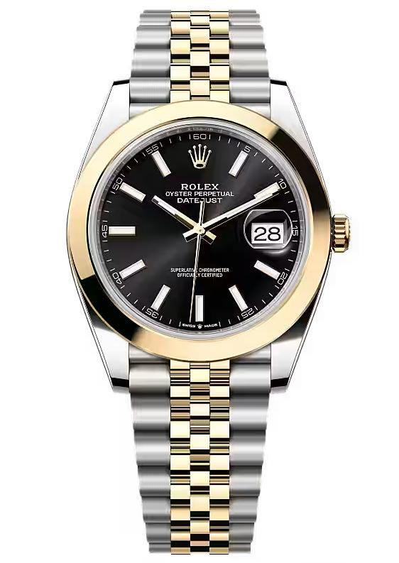 Rolex Datejust 41mm Two-Tone Yellow Gold Black Index Dial Smooth Bezel Jubilee