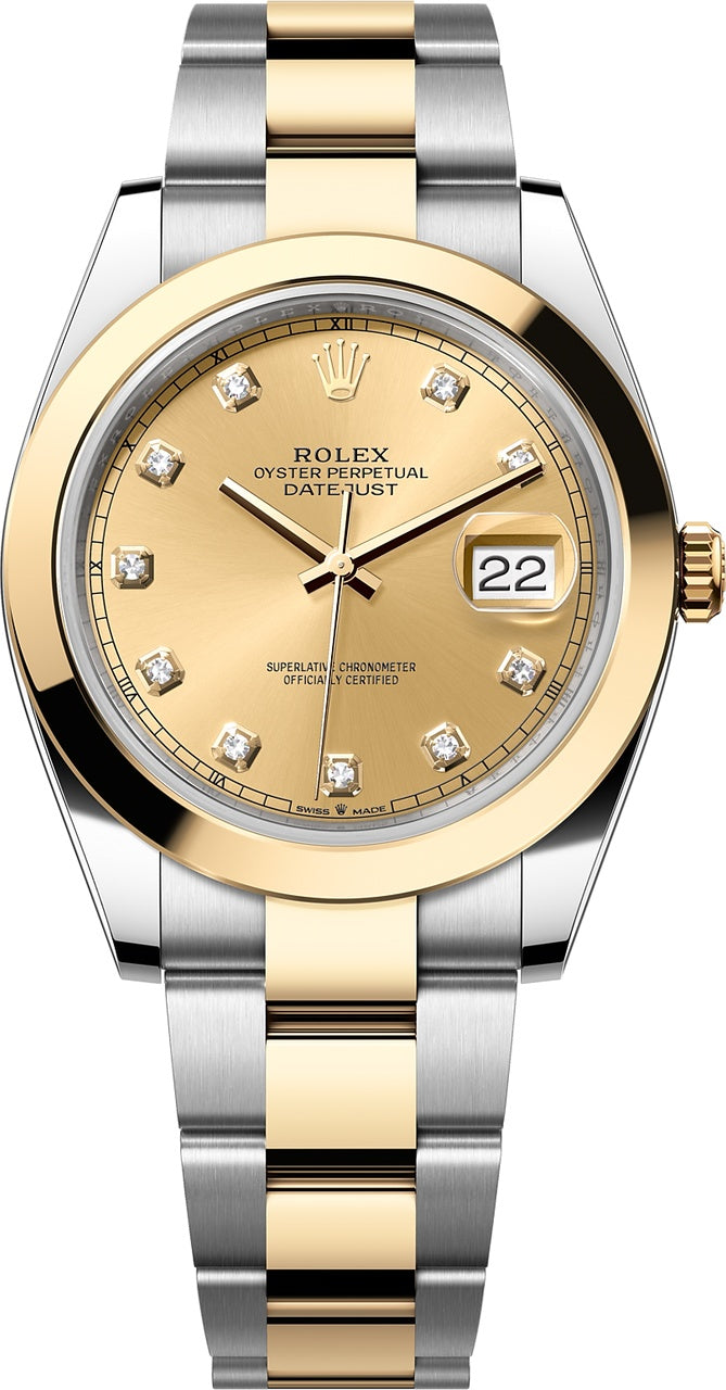 Rolex Datejust 41mm Two-Tone Yellow Gold Champagne Diamond Dial Smooth Bezel