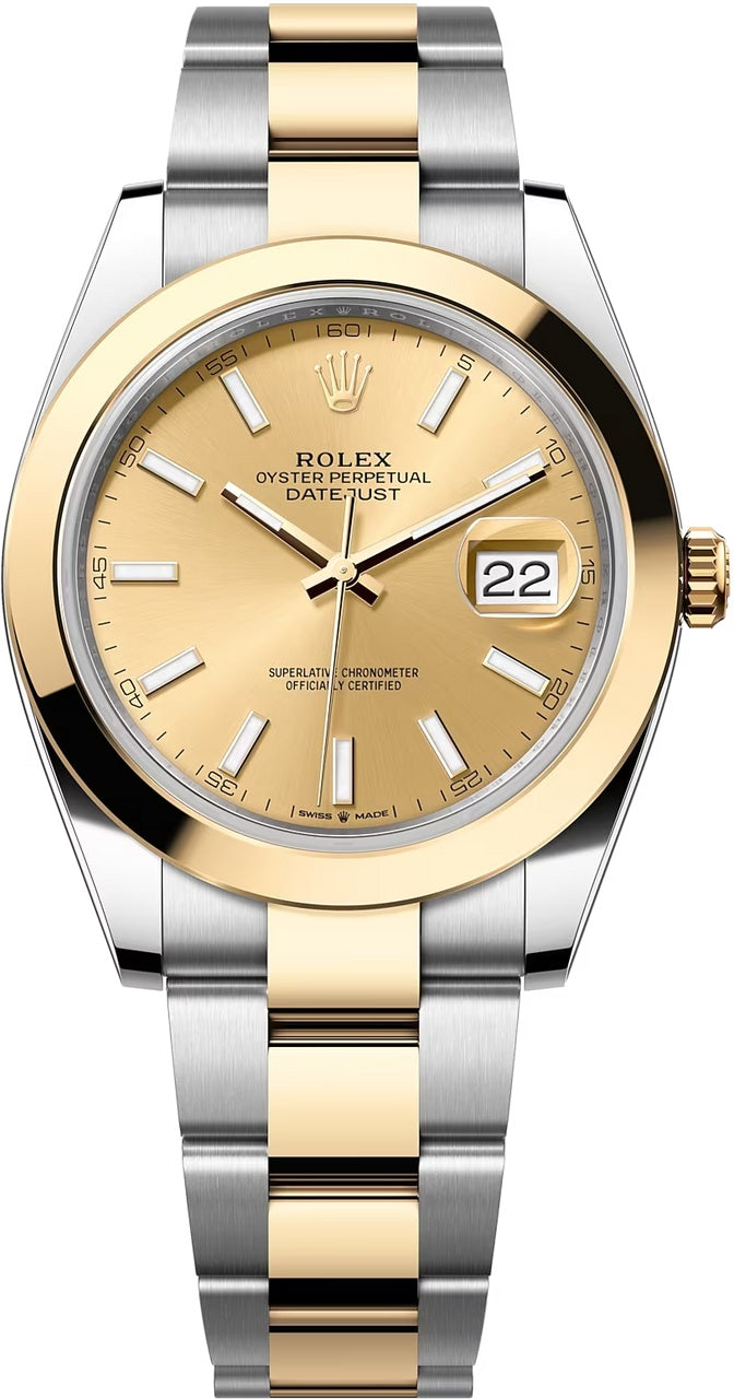 Rolex Datejust 41mm Two-Tone Yellow Gold Champagne Index Dial Smooth Bezel