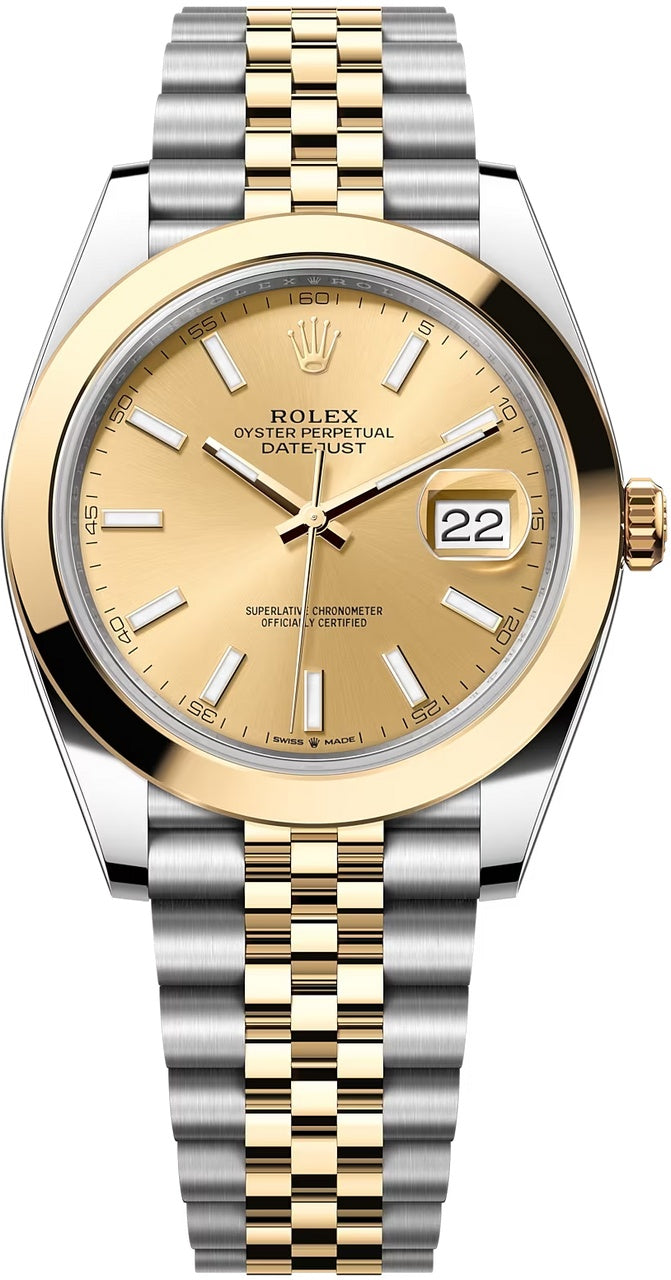 Rolex Datejust 41mm Two-Tone Yellow Gold Champagne Index Dial Smooth Bezel