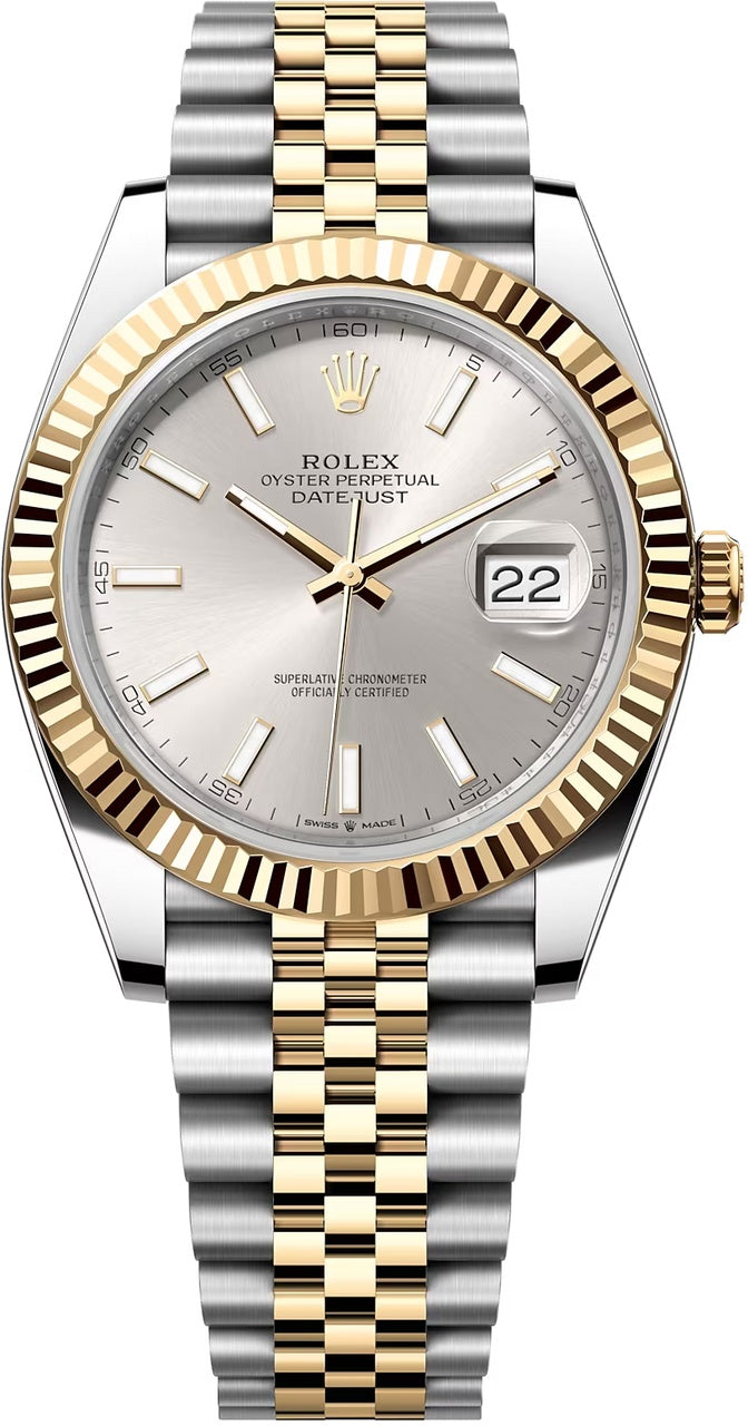 Rolex Datejust 41mm Two-Tone Yellow Gold Silver Index Dial Fluted Bezel Jubilee