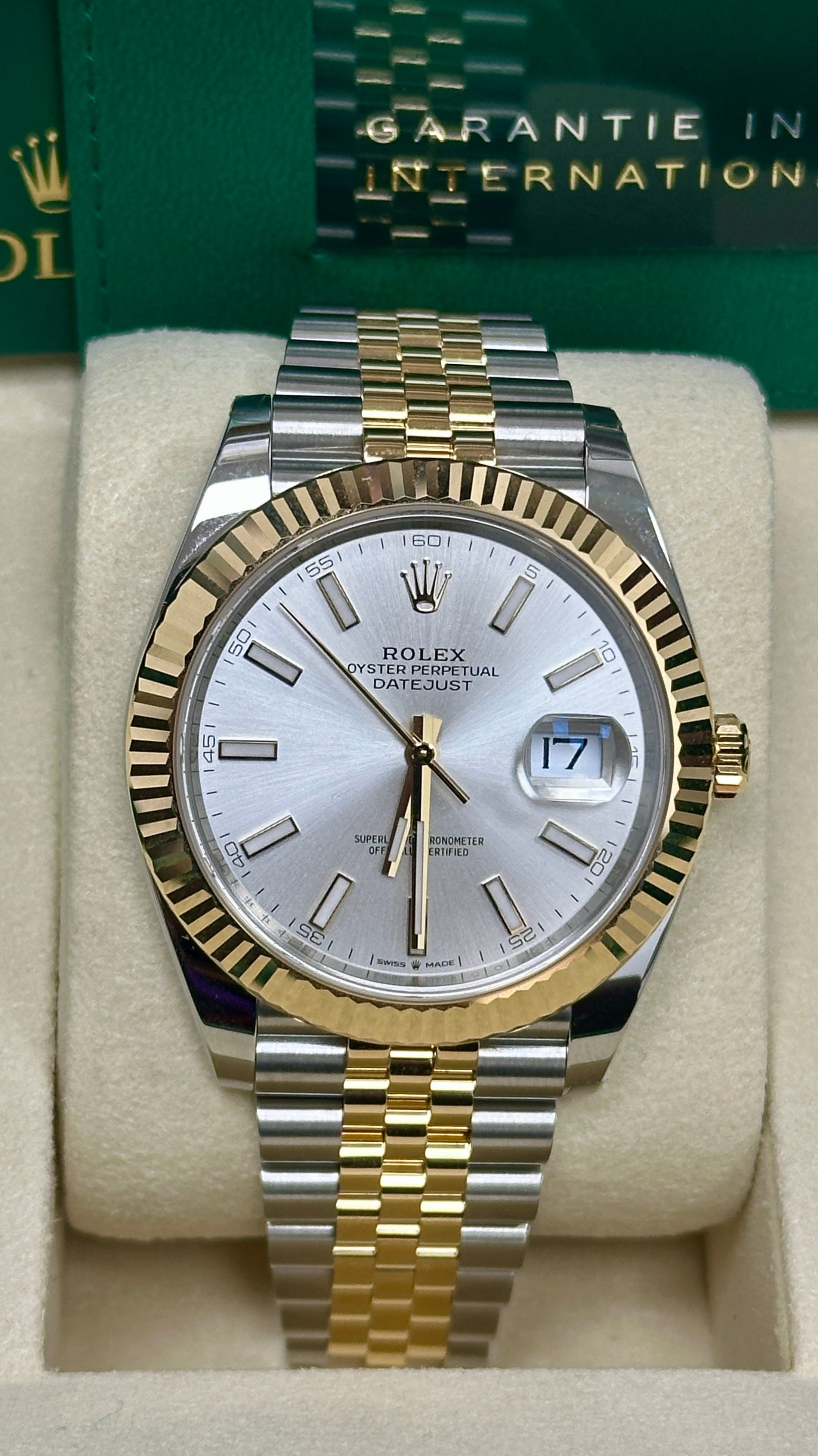 Rolex Datejust 41mm Two-Tone Yellow Gold Silver Index Dial Fluted Bezel Jubilee
