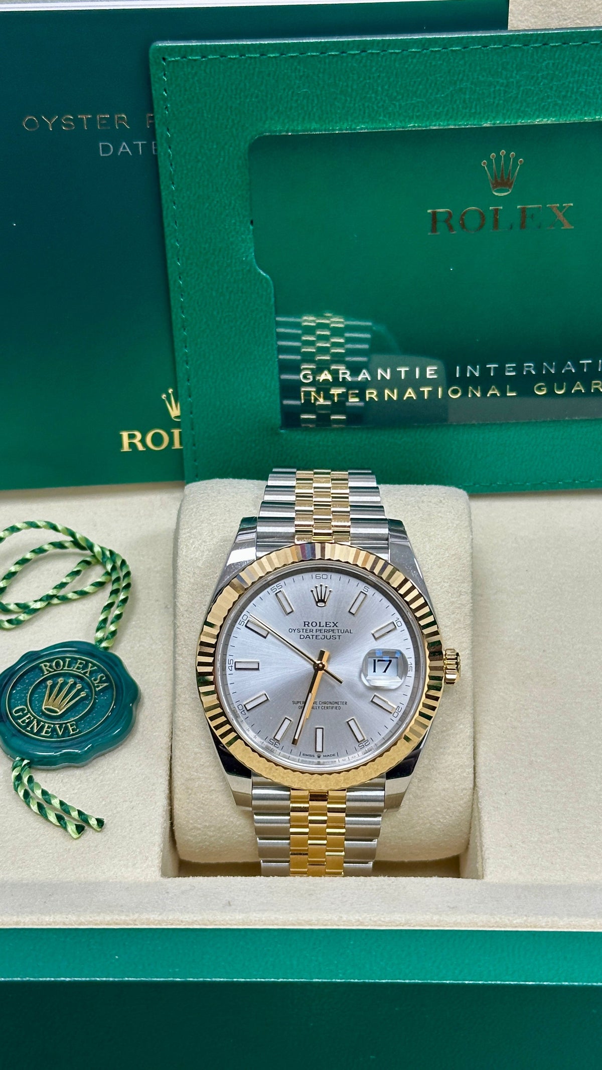 Rolex Datejust 41mm Two-Tone Yellow Gold Silver Index Dial Fluted Bezel Jubilee