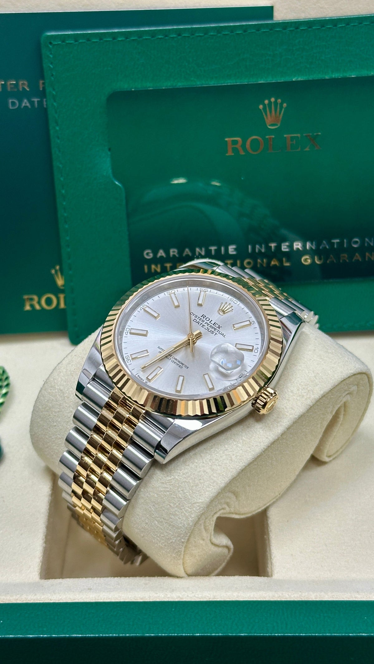 Rolex Datejust 41mm Two-Tone Yellow Gold Silver Index Dial Fluted Bezel Jubilee