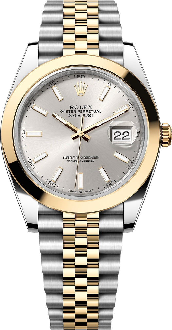 Rolex Datejust 41mm Two-Tone Yellow Gold Silver Index Dial Smooth Bezel Jubilee