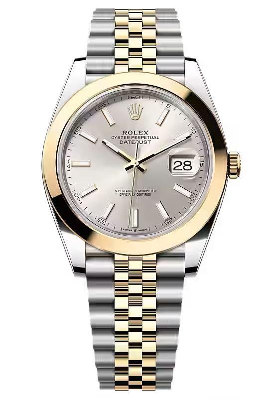 Rolex Datejust 41mm Two-Tone Yellow Gold Silver Index Dial Smooth Bezel Jubilee