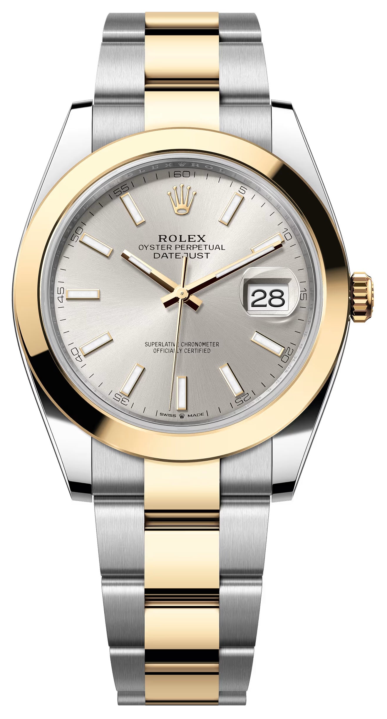 Rolex Datejust 41mm Two-Tone Yellow Gold Silver Index Dial Smooth Bezel Oyster
