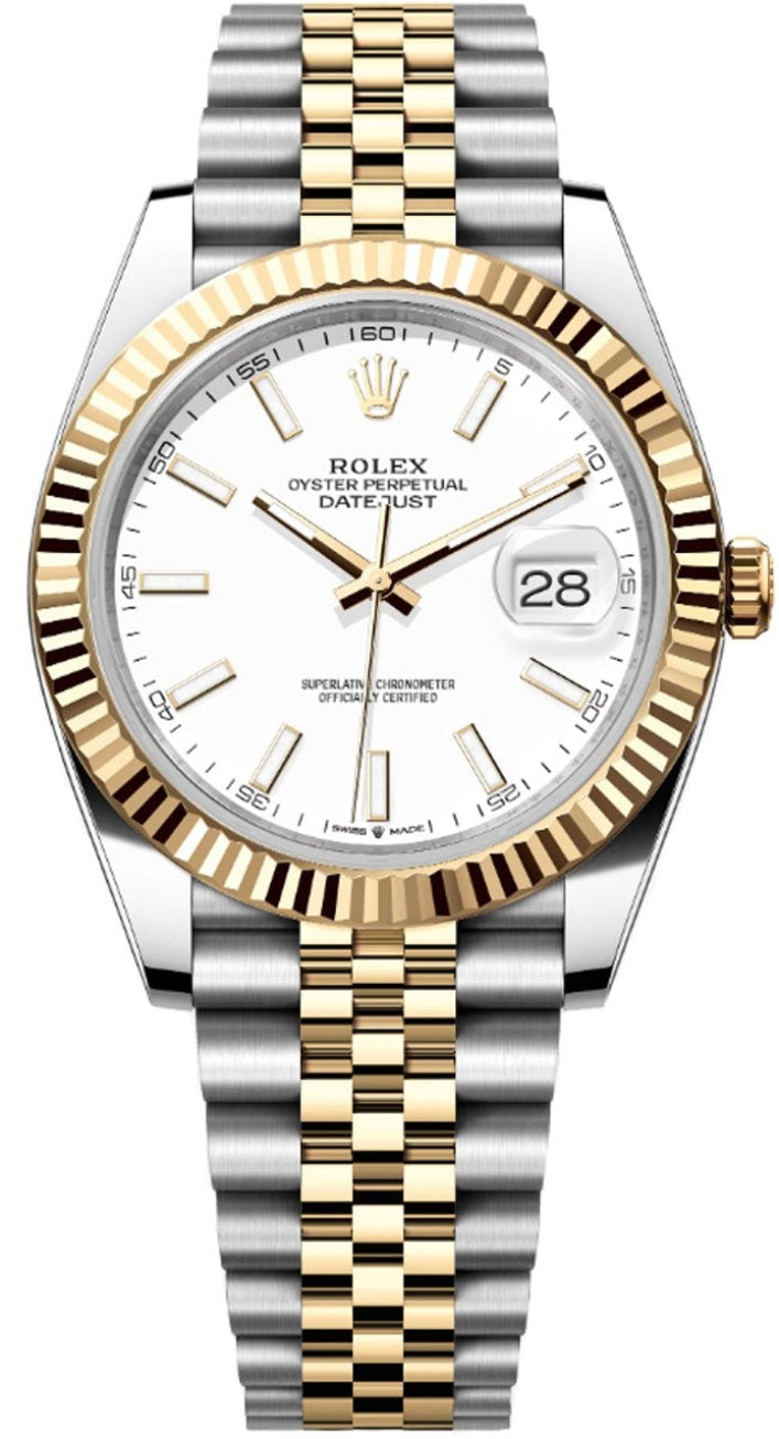 Rolex Datejust 41mm Two-Tone Yellow Gold White Index Dial Fluted Bezel Jubilee