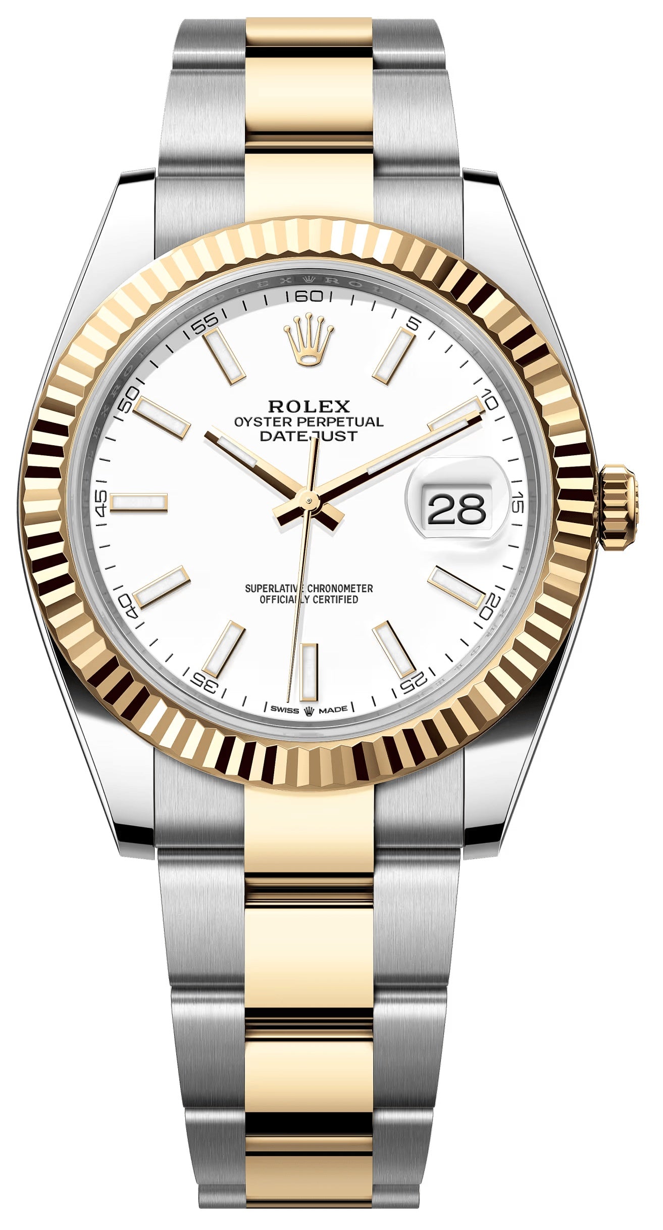 Rolex Datejust 41mm Two-Tone Yellow Gold White Index Dial Fluted Bezel Oyster