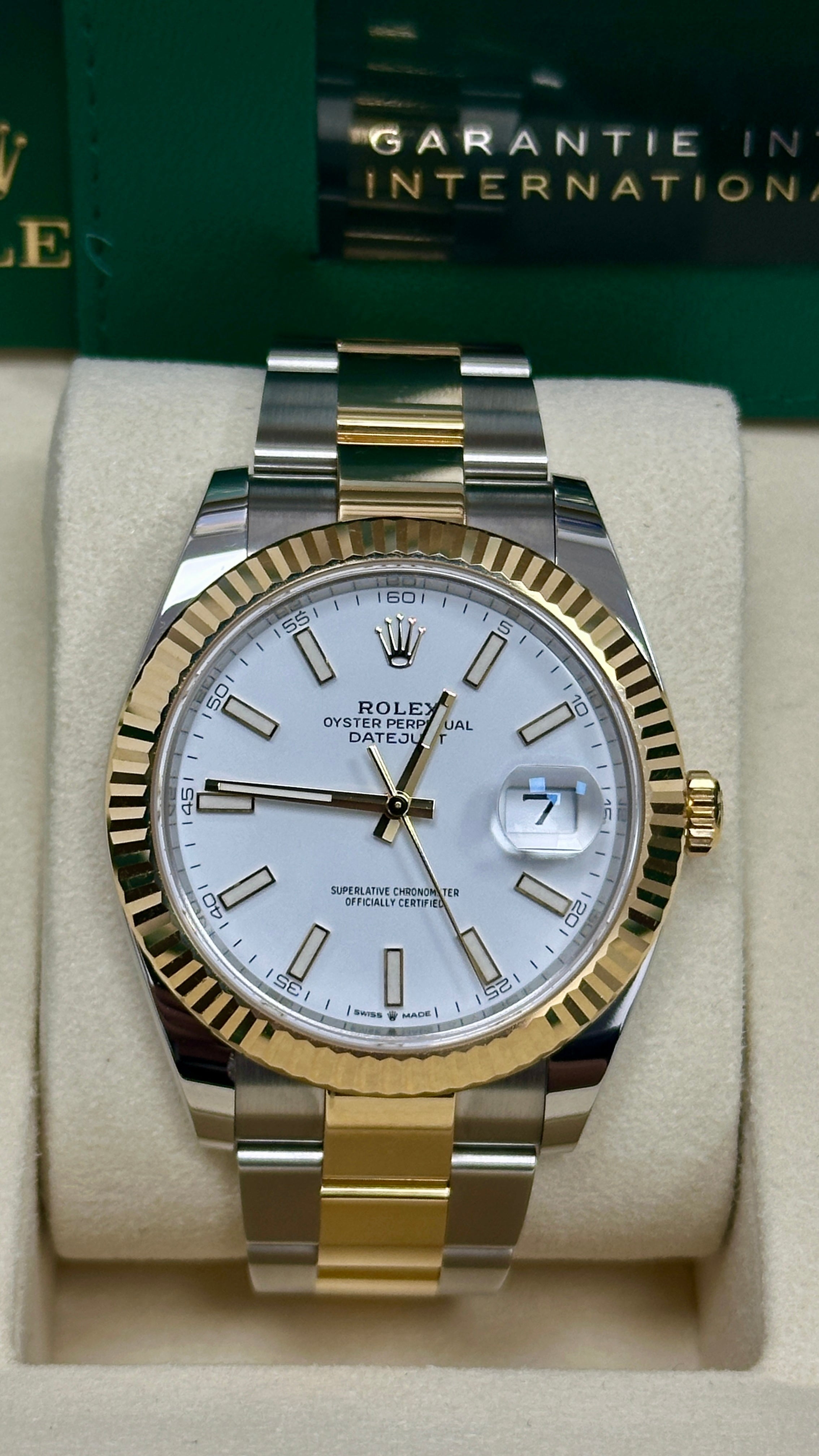 Rolex Datejust 41mm Two-Tone Yellow Gold White Index Dial Fluted Bezel Oyster