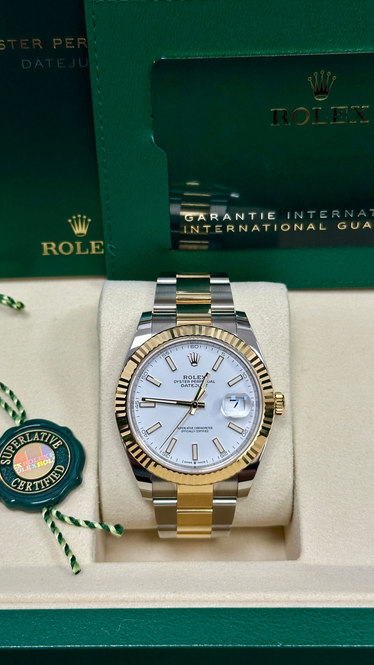Rolex Datejust 41mm Two-Tone Yellow Gold White Index Dial Fluted Bezel Oyster