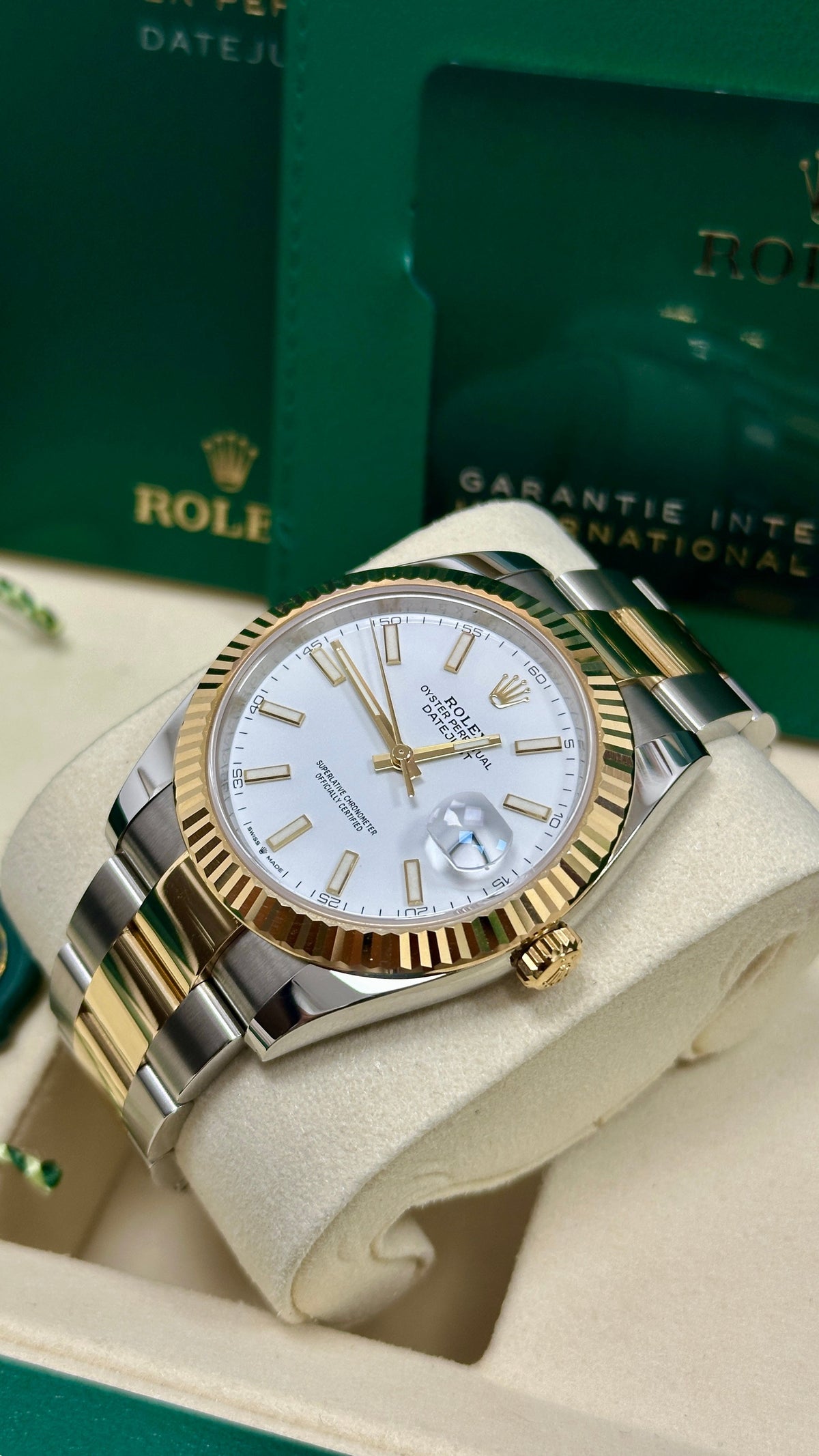 Rolex Datejust 41mm Two-Tone Yellow Gold White Index Dial Fluted Bezel Oyster