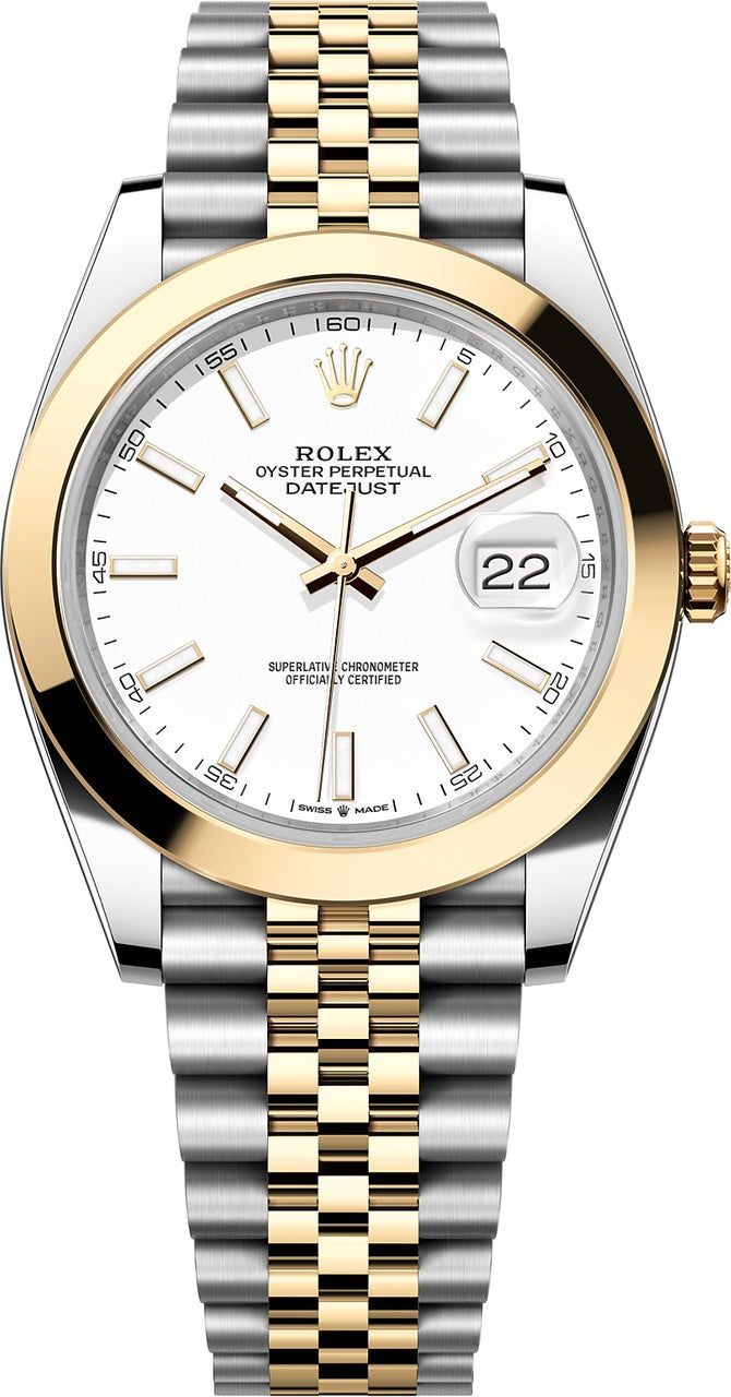 Rolex Datejust 41mm Two-Tone Yellow Gold White Index Dial Smooth Bezel Jubilee