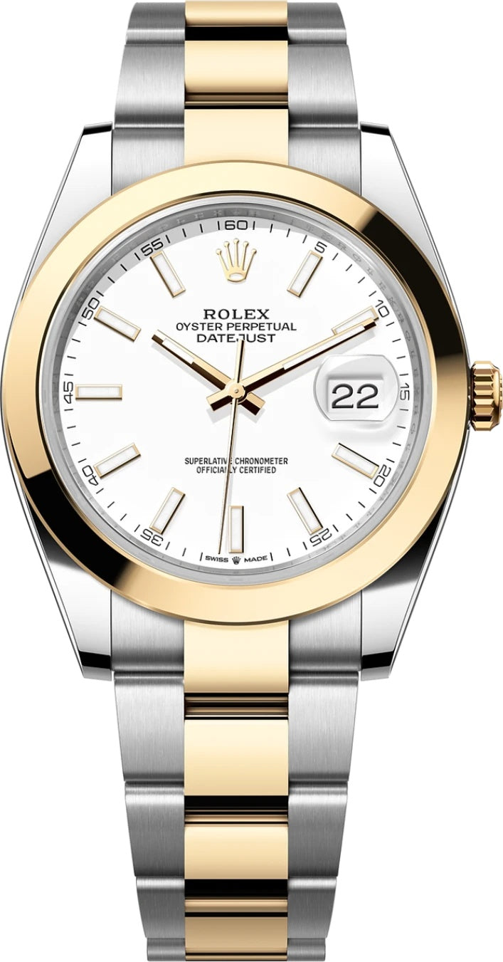 Rolex Datejust 41mm Two-Tone Yellow Gold White Index Dial Smooth Bezel Oyster