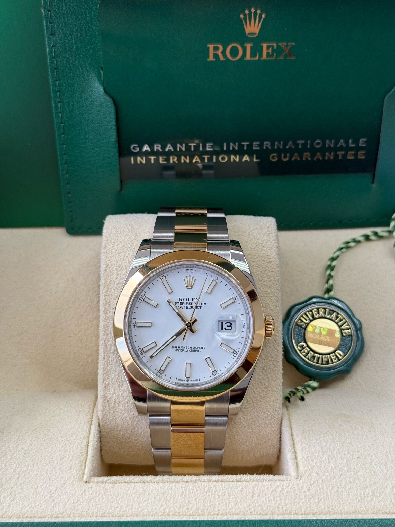 Rolex Datejust 41mm Two-Tone Yellow Gold White Index Dial Smooth Bezel Oyster