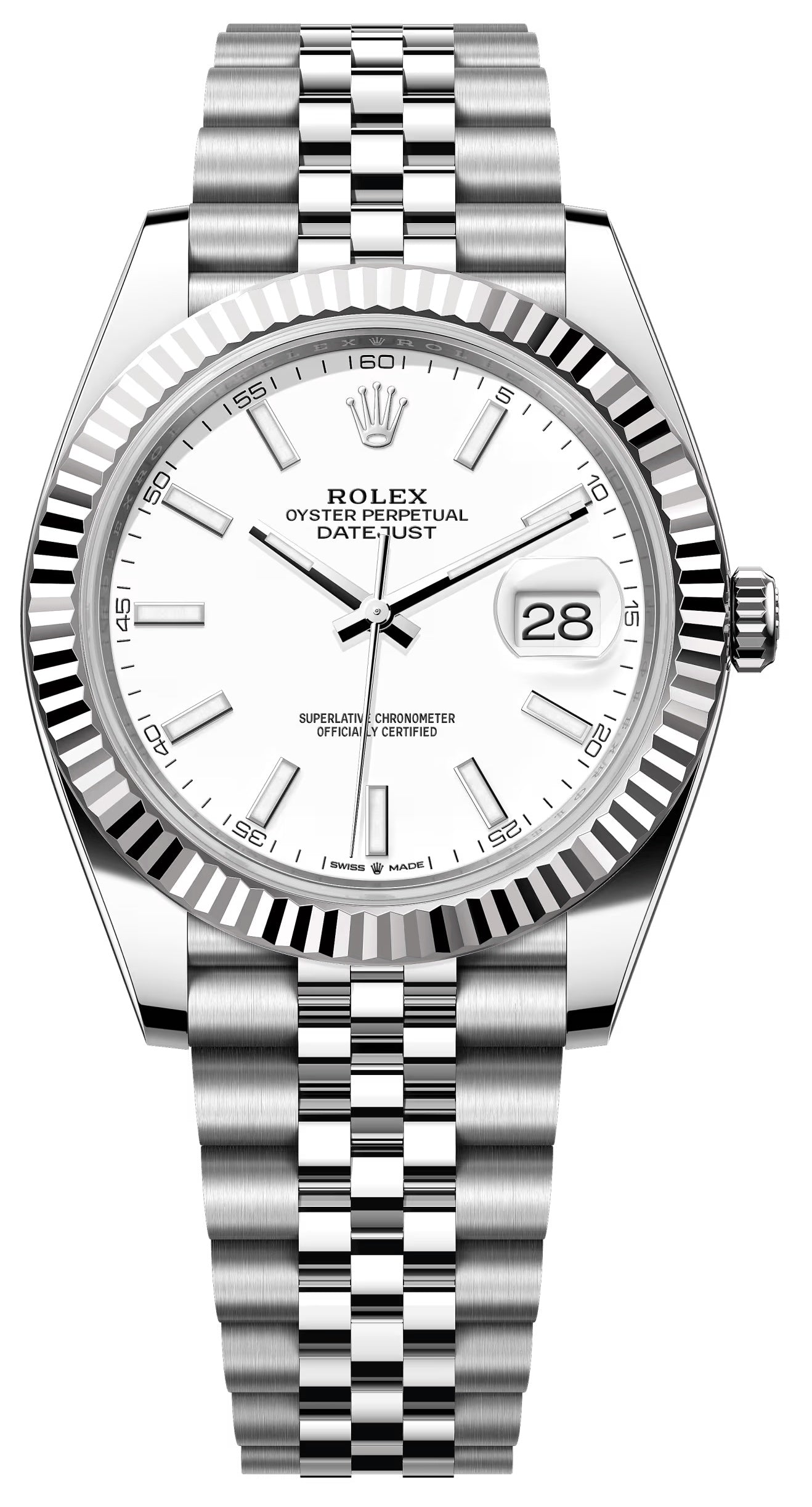 Rolex Datejust 41mm White Index Dial Fluted Bezel Jubilee Bracelet 126334 – New