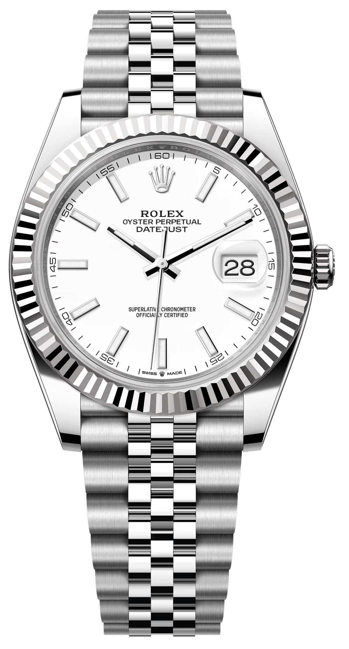Rolex Datejust 41mm White Index Dial Fluted Bezel Jubilee Bracelet 126334 – New