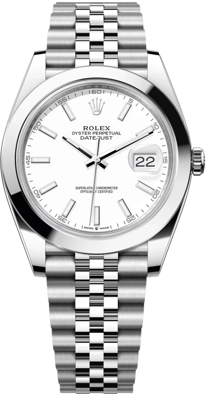 Rolex Datejust 41mm White Index Dial Smooth Bezel Jubilee Bracelet 126300 – New
