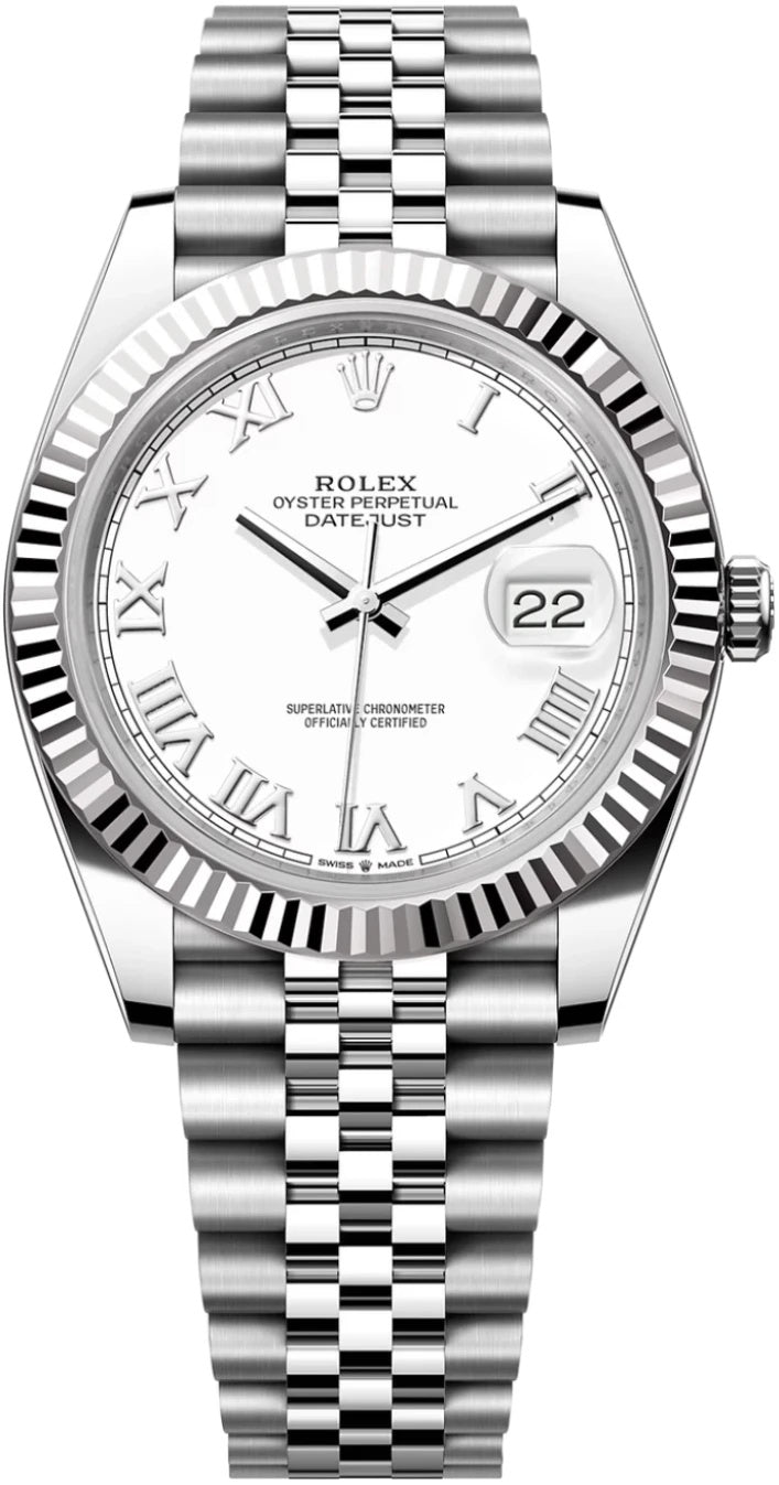 Rolex Datejust 41mm White Roman Dial Fluted Bezel Jubilee Bracelet 126334