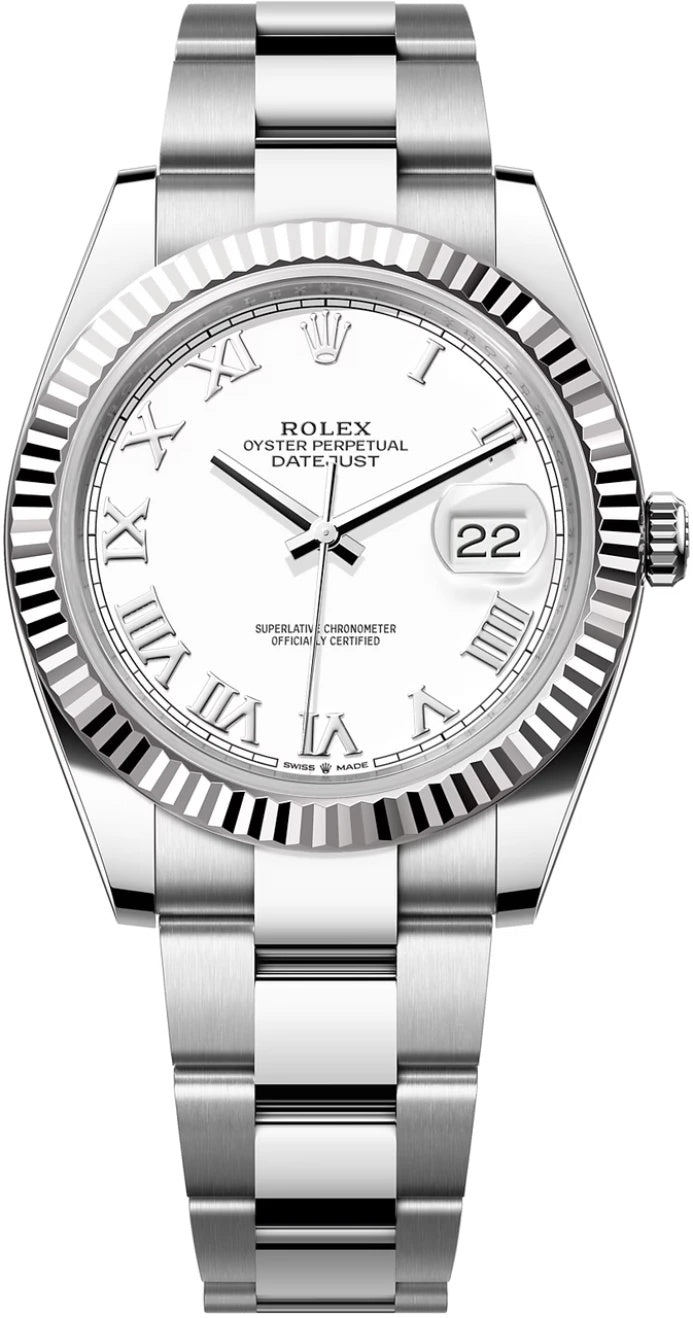 Rolex Datejust 41mm White Roman Dial Fluted Bezel Oyster Bracelet 126334