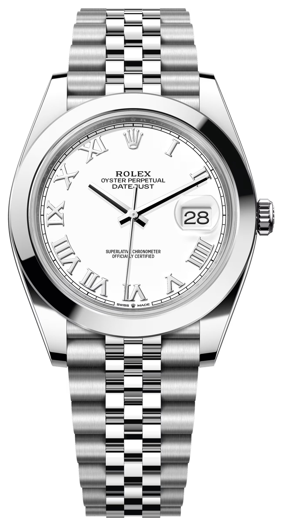 Rolex Datejust 41mm White Roman Dial Smooth Bezel Jubilee Bracelet 126300 – New