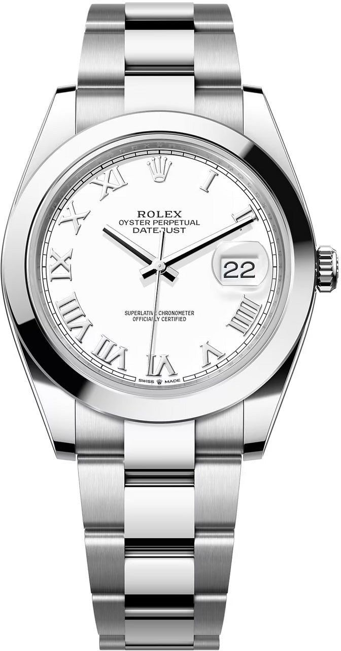Rolex Datejust 41mm White Roman Dial Smooth Bezel Oyster Bracelet 126300 – New